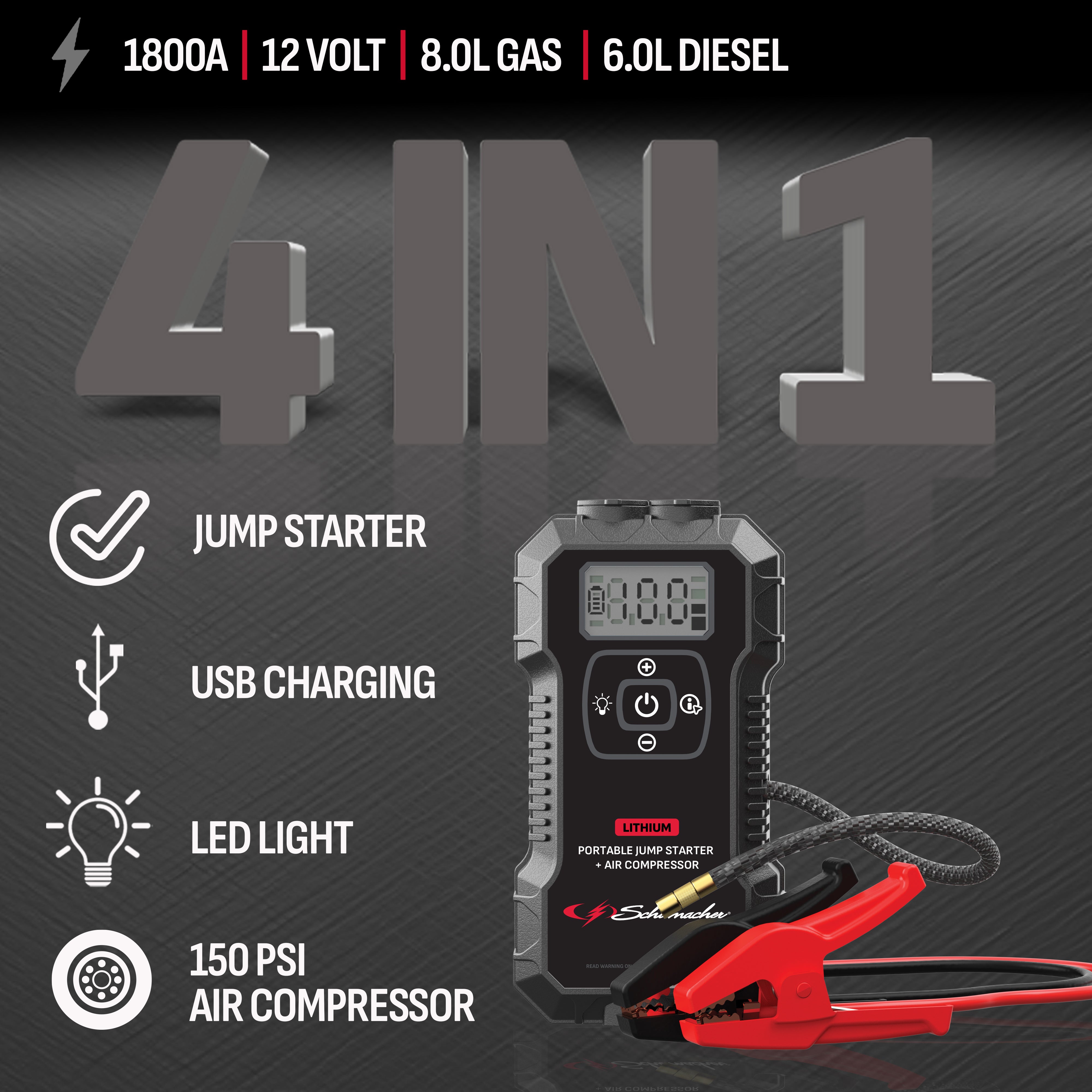 Schumacher Electric 4-in-1 1800A Car Battery Jump Starter and 150-PSI Air Compressor, Portable Power Pack, 2.4A USB Charging, For Power Sport, Automotive, and Marine Batteries, New in Box, SL1686