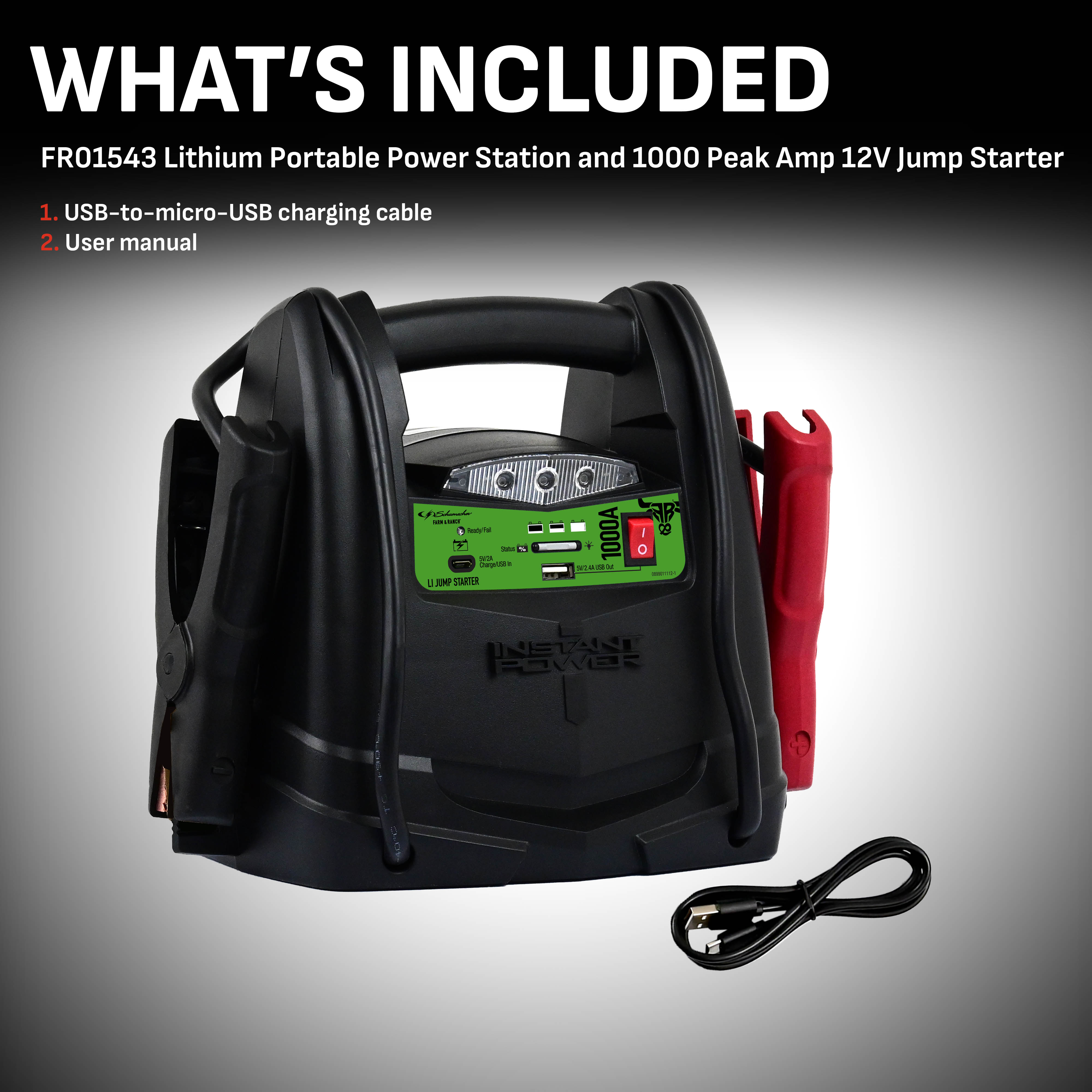Schumacher Farm and Ranch FR01543 3-in-1 Lithium Portable Power Station, 1000 Peak Amp 12 Volt Jump Starter, and Work Light