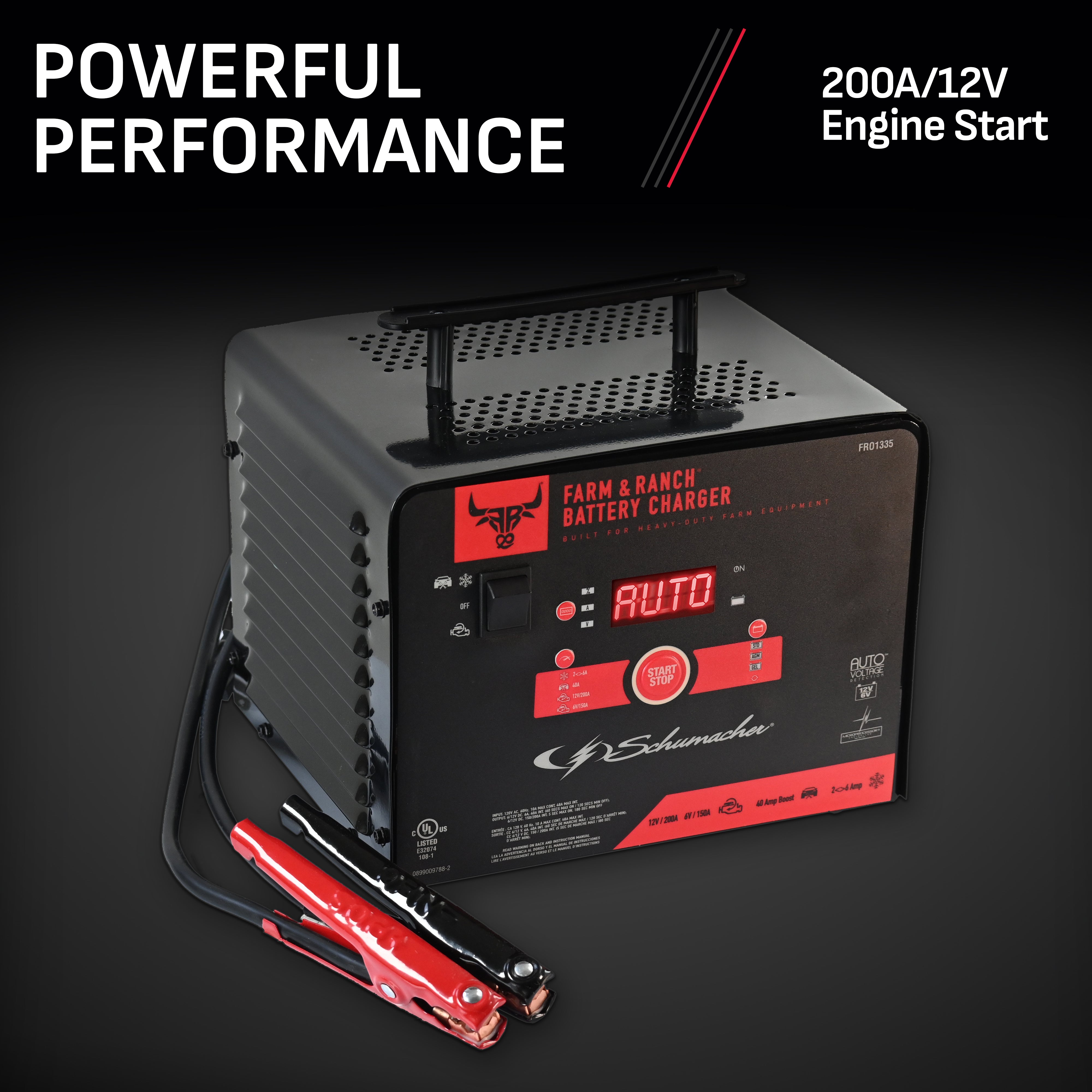 Schumacher Electric Farm & Ranch 6A Car Battery Charger and 200A Engine Starter, 4-in-1 Solution, Maintainer, 40A Boost, For 6V/12V Power Sport, Automotive, and Marine Batteries, FR01335