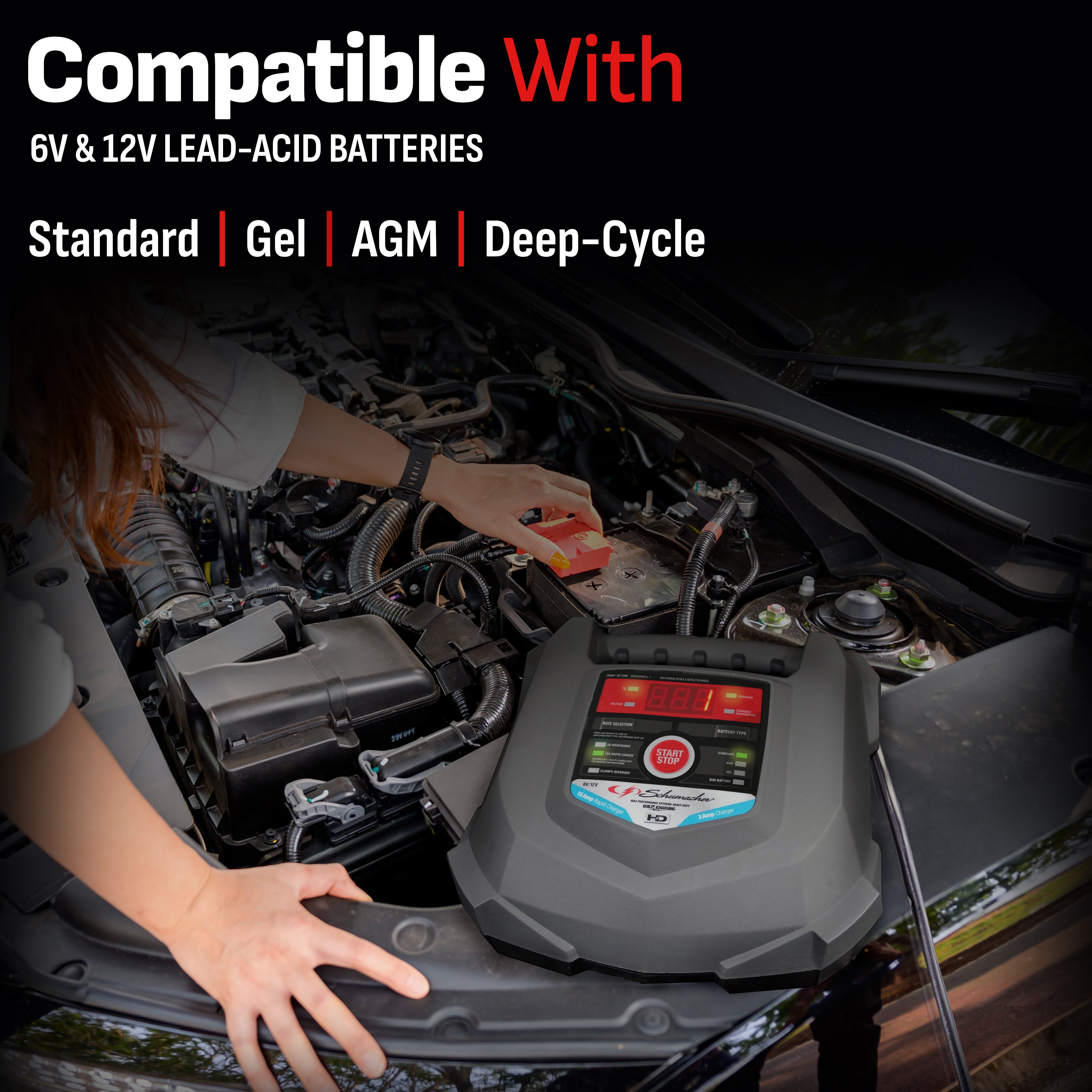 Schumacher SC1280 15A 6V/12V Fully Automatic Battery Charger/Maintainer – Auto & Marine - New in Box