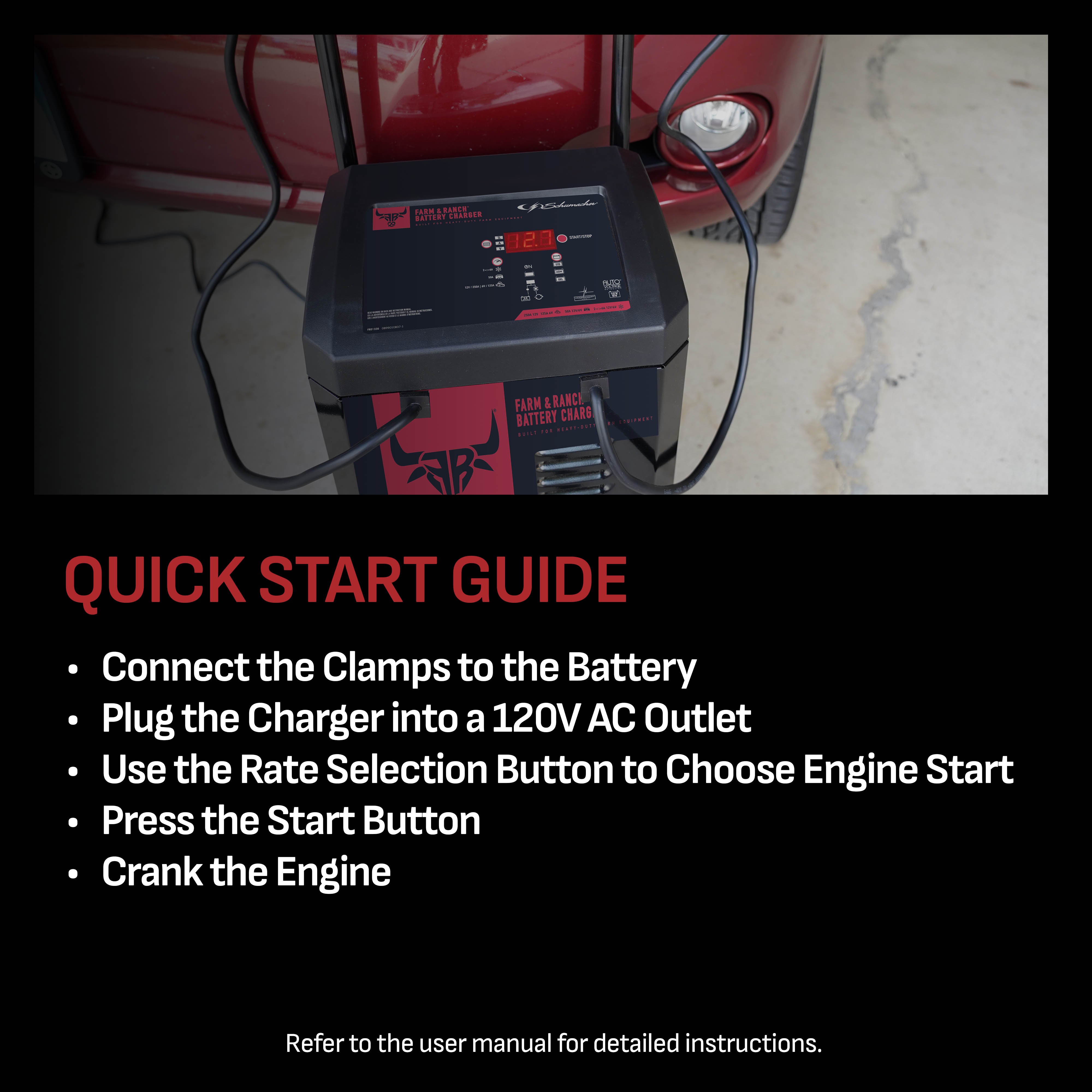 Schumacher Electric Farm & Ranch Wheeled Automatic 6A Car Battery Charger and 250A Engine Starter, 4-in-1 Solution, Maintainer, 50A Boost, For 6V/12V Automotive and Marine Batteries, FR01336