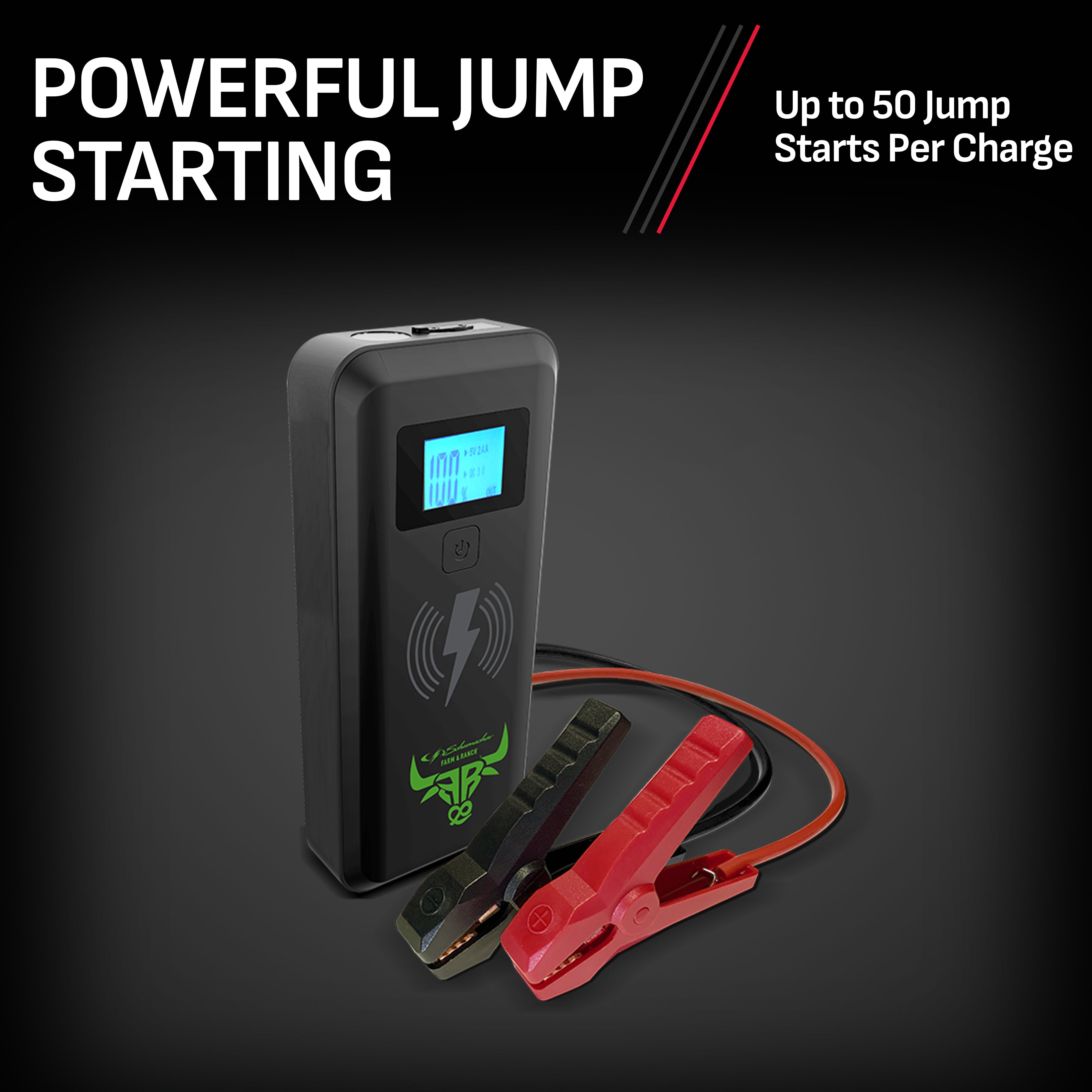 Schumacher Electric Farm & Ranch 2000A Lithium Car Battery Jump Starter and Portable Power Pack/Jump Box, 4-in-1 Solution, 10W Wireless & USB Charging, For 12V Power Sport, Automotive, and Marine Batteries, FR01545