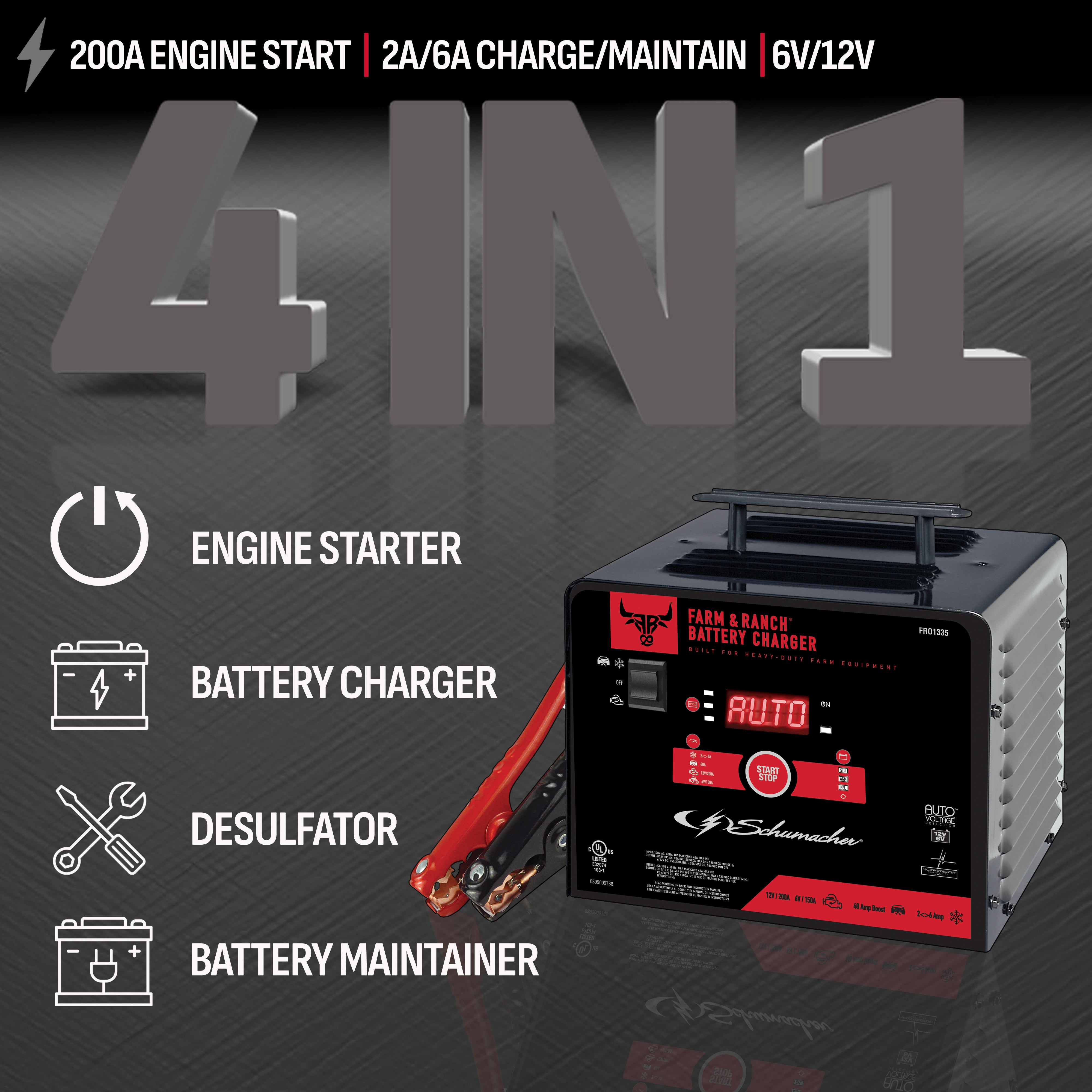 Schumacher Electric Farm & Ranch 6A Car Battery Charger and 200A Engine Starter, 4-in-1 Solution, Maintainer, 40A Boost, For 6V/12V Power Sport, Automotive, and Marine Batteries, FR01335