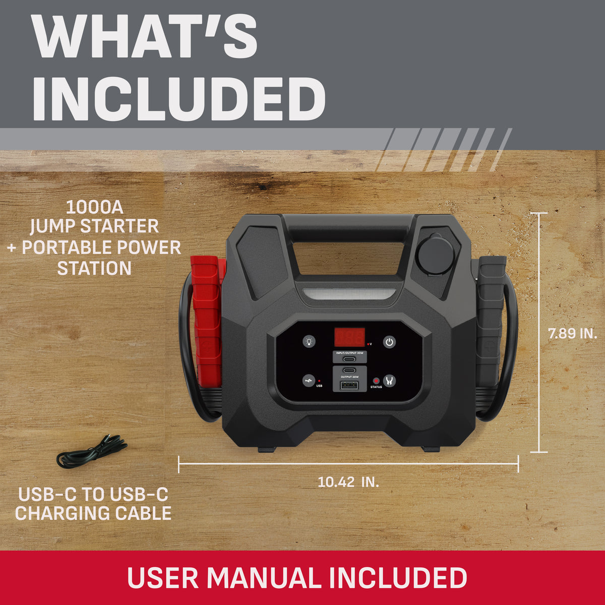 Schumacher Electric 1000A Car Battery Jump Starter & Power Station – USB-A, USB-C & 12V DC Charging – Digital Display – 3-Mode LED Light – SJ1693