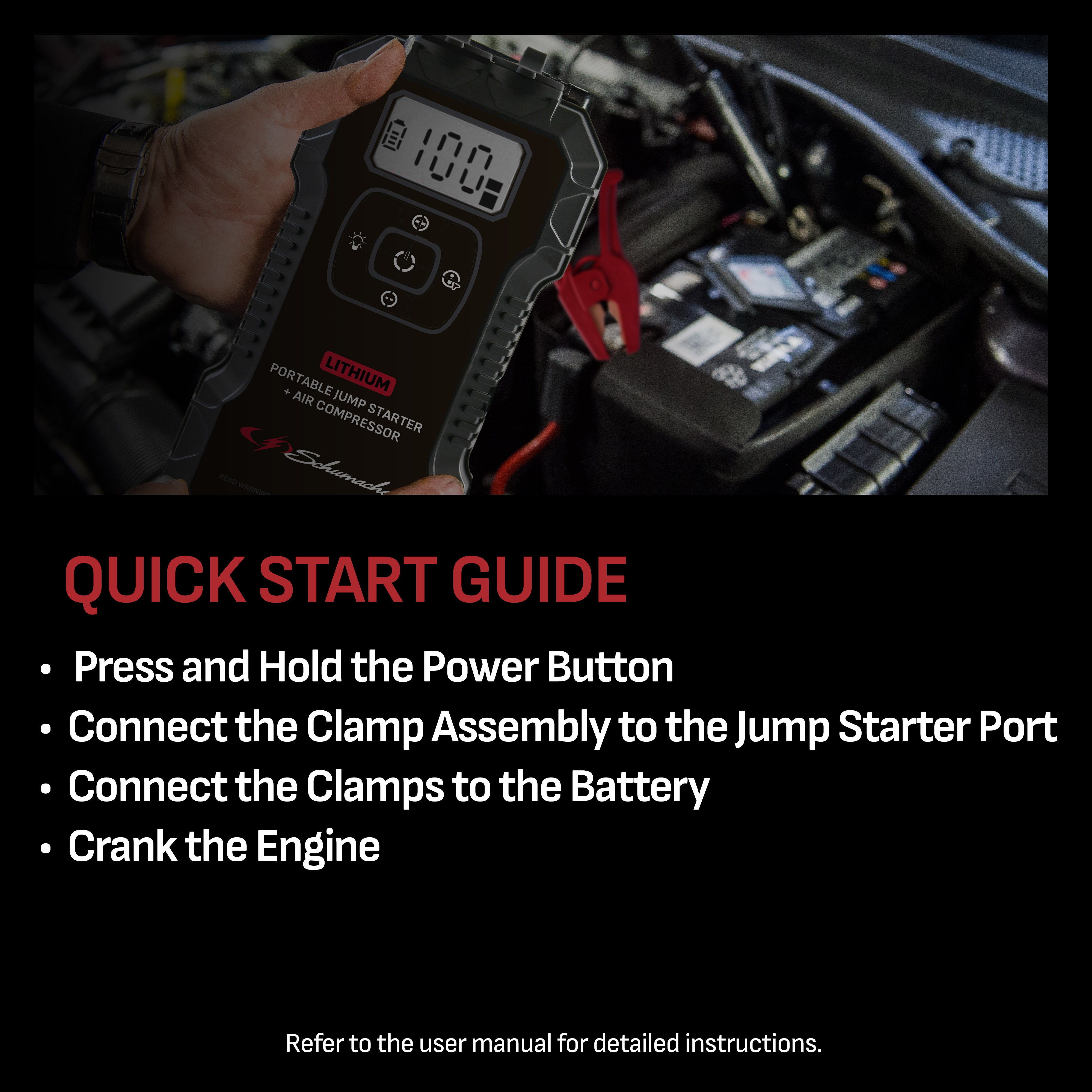 Schumacher Electric 4-in-1 1800A Car Battery Jump Starter and 150-PSI Air Compressor, Portable Power Pack, 2.4A USB Charging, For Power Sport, Automotive, and Marine Batteries, New in Box, SL1686