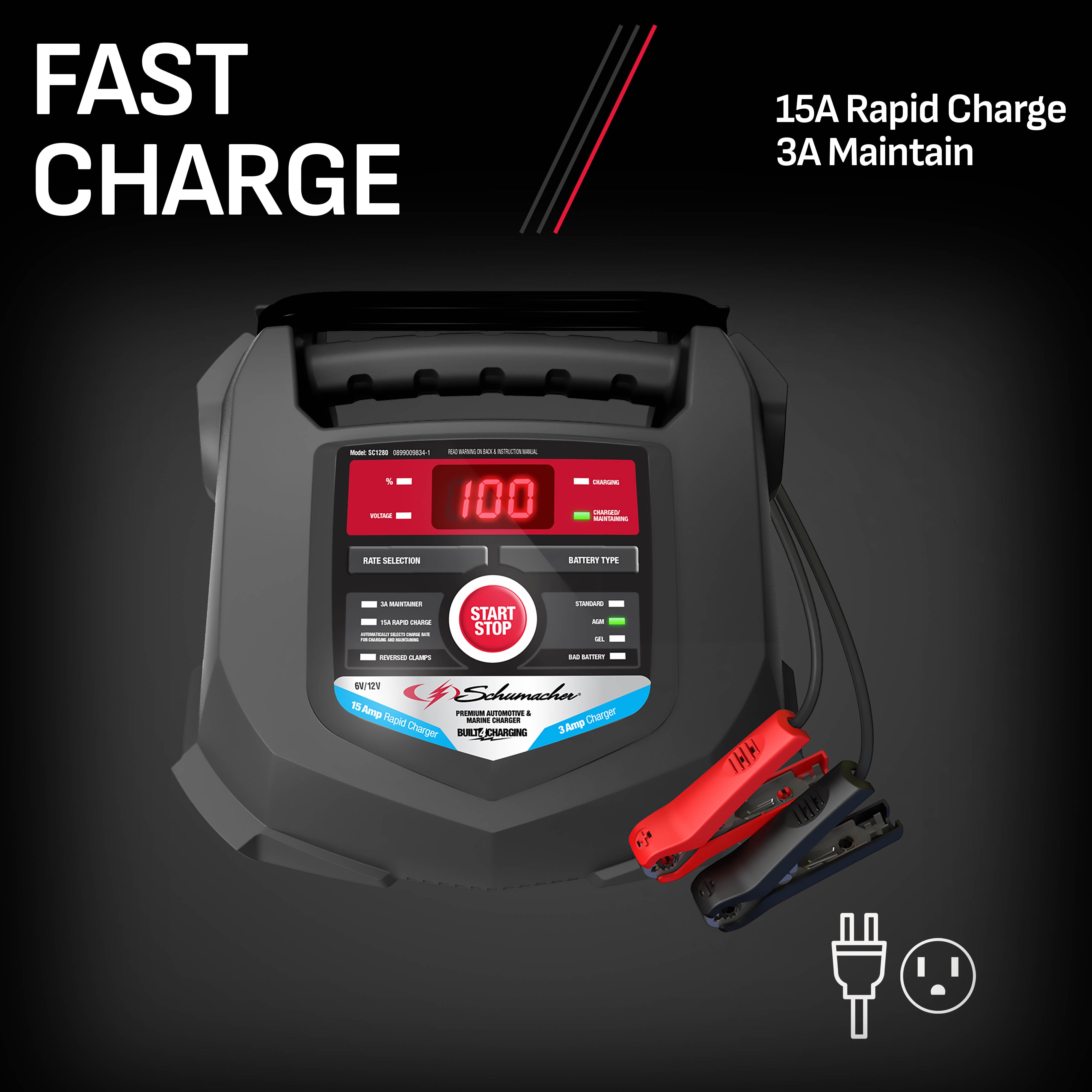 Schumacher SC1280 15A 6V/12V Fully Automatic Battery Charger/Maintainer – Auto & Marine - New in Box