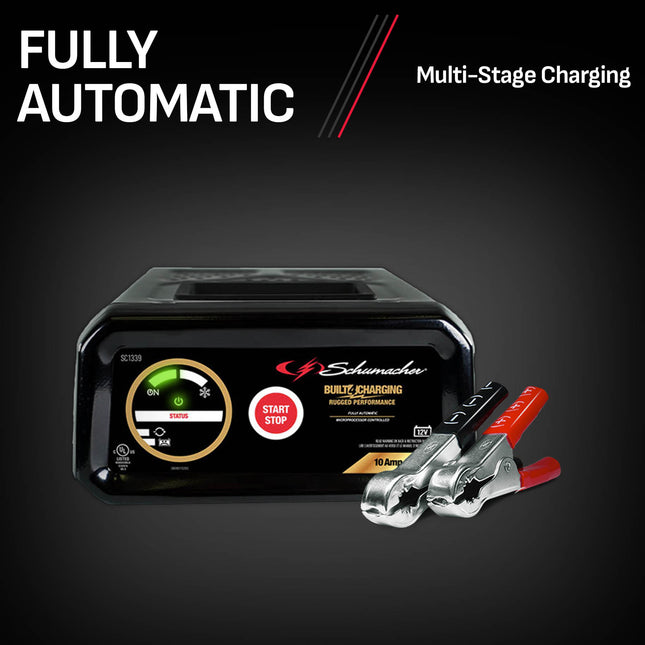 Schumacher Electric 10A Car Battery Charger and Maintainer, 2-in-1 Solution, For 12V Power Sport, Automotive, and Marine Batteries, SC1339L