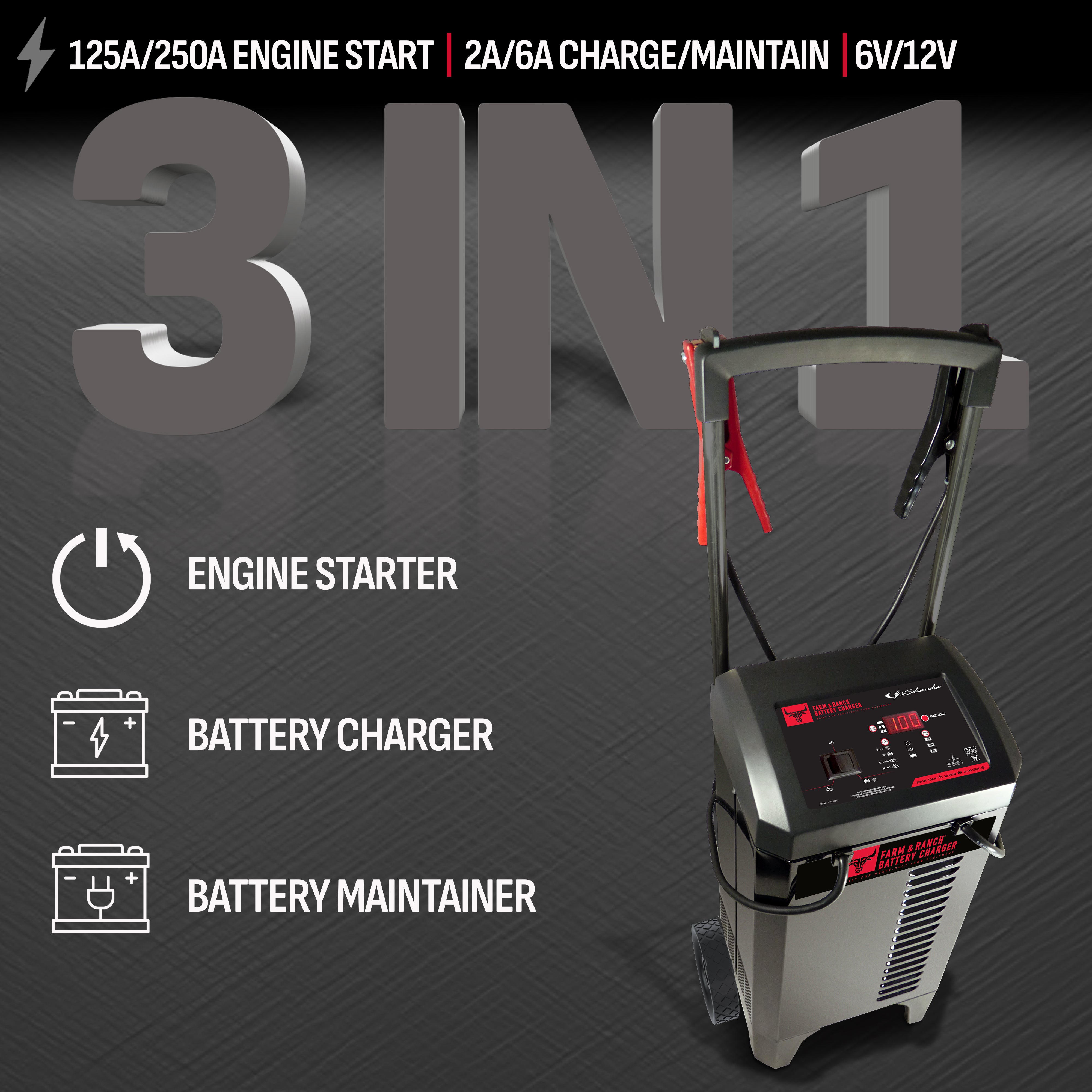 Schumacher Electric Farm & Ranch Wheeled Automatic 6A Car Battery Charger and 250A Engine Starter, 4-in-1 Solution, Maintainer, 50A Boost, For 6V/12V Automotive and Marine Batteries, FR01336