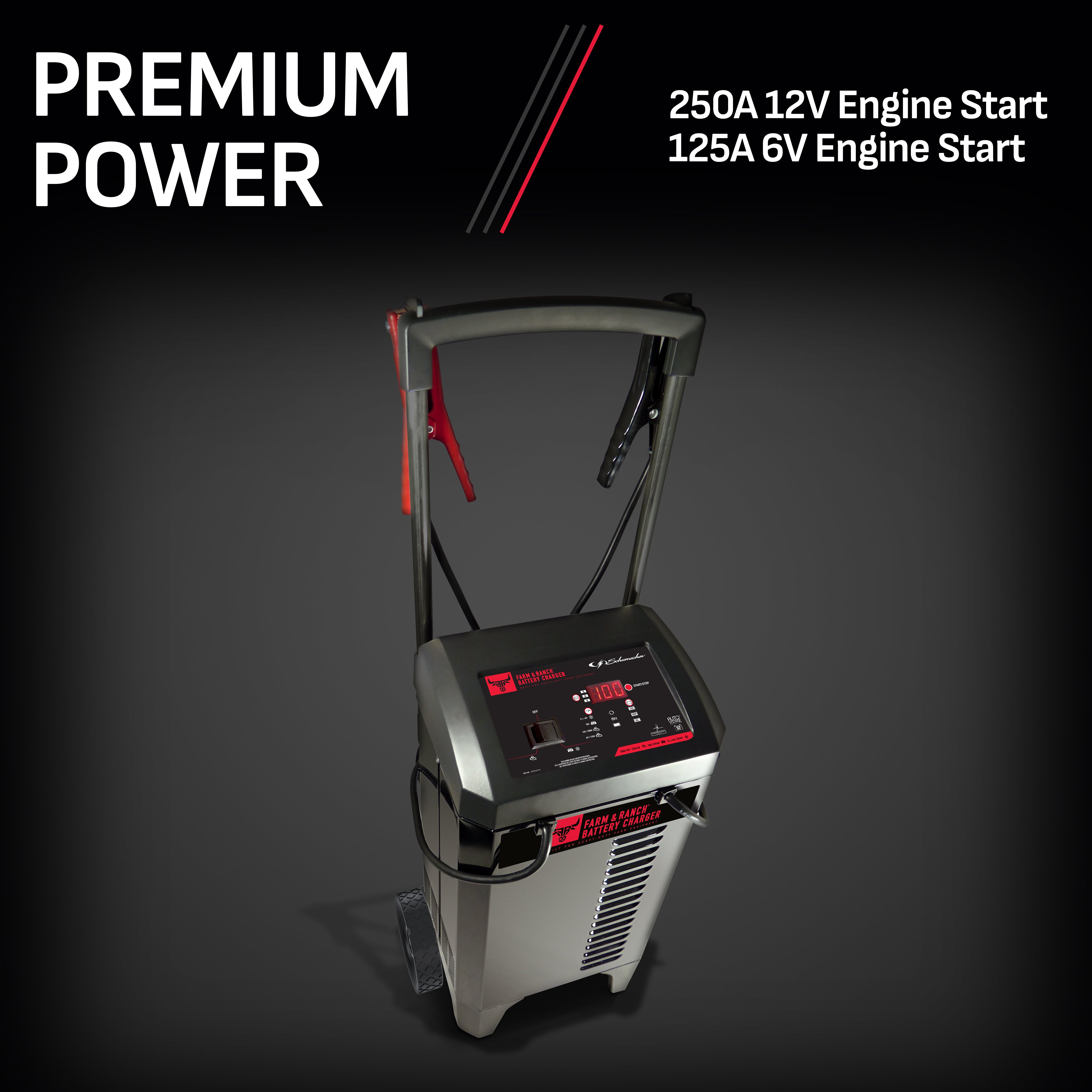 Schumacher Electric Farm & Ranch Wheeled Automatic 6A Car Battery Charger and 250A Engine Starter, 4-in-1 Solution, Maintainer, 50A Boost, For 6V/12V Automotive and Marine Batteries, FR01336