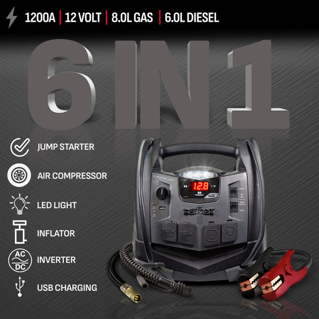 Schumacher Rechargeable AGM Jump Starter for Gas and Diesel Vehicles– 1200 Amps with Air Compressor and USB Power Station