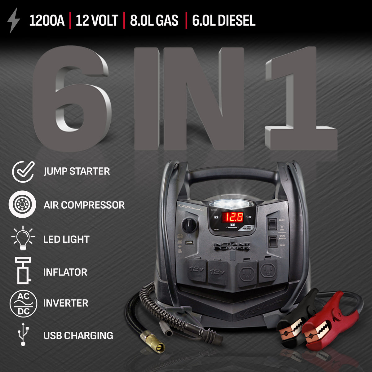 Schumacher Rechargeable AGM Jump Starter for Gas and Diesel Vehicles– 1200 Amps with Air Compressor and USB Power Station