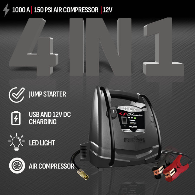 Schumacher Rechargeable AGM Jump Starter for Gas, Diesel Vehicles – 1000 Amps with Air Compressor and 12V DC, USB Power Station