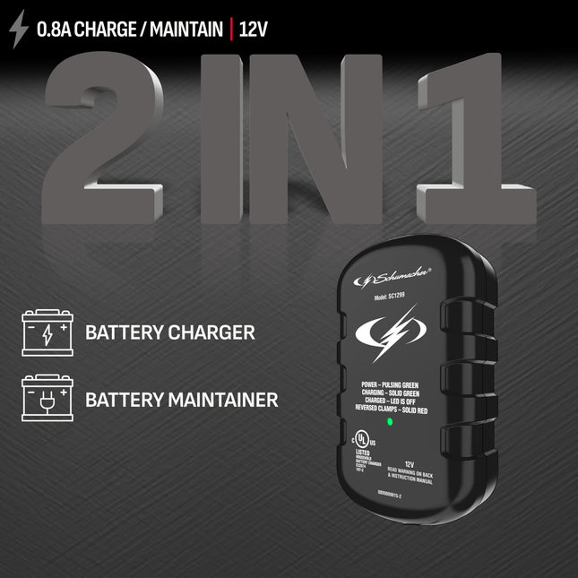 Schumacher Electric 0.8A Car Battery Charger and Maintainer, 2-in-1 Solution, For 12V Power Sport, Automotive, and Marine Batteries, SC1299
