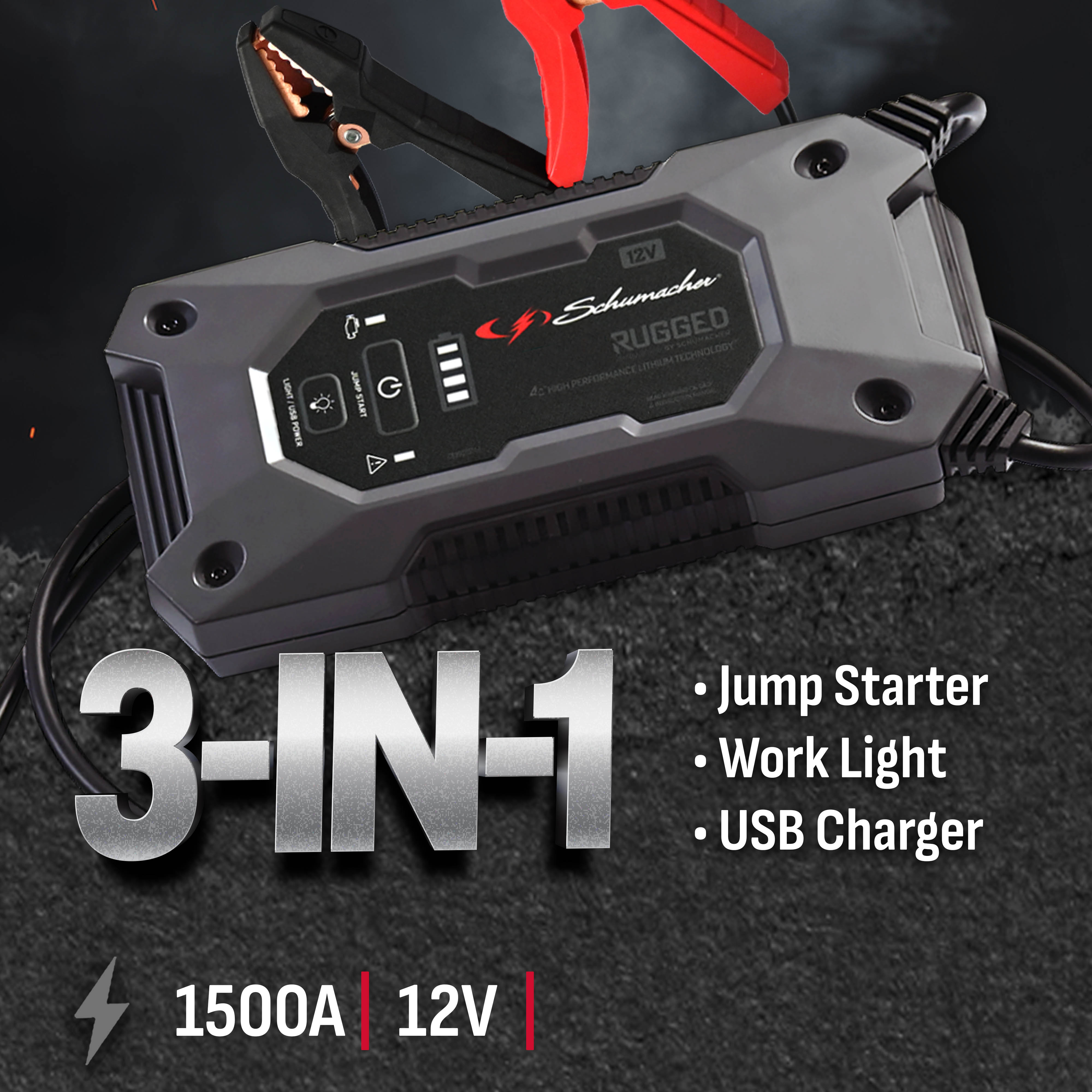 Schumacher 1500A Rugged Jump Starter and Portable Power Pack 12V DC car charger