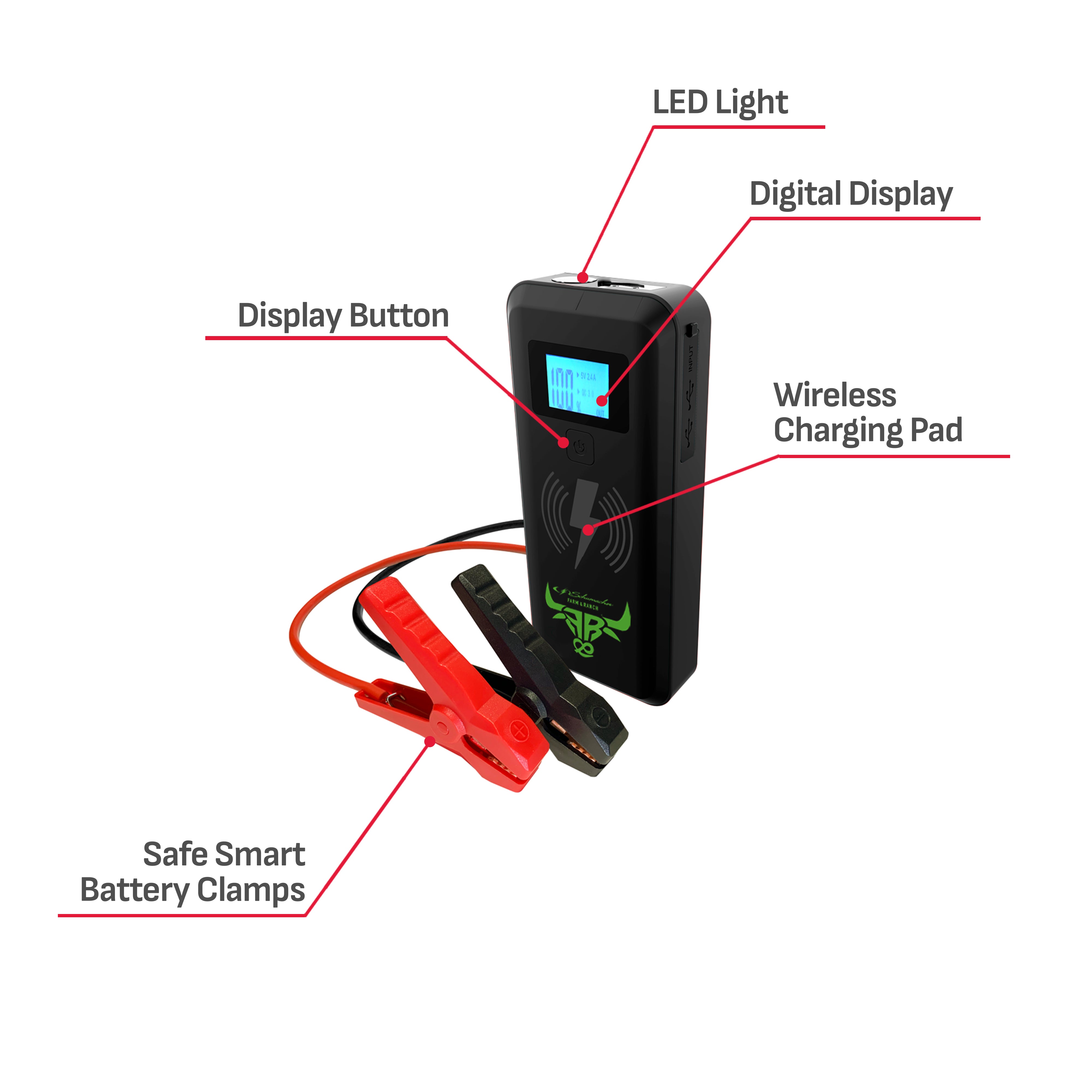 Schumacher Electric Farm & Ranch 2000A Lithium Car Battery Jump Starter and Portable Power Pack/Jump Box, 4-in-1 Solution, 10W Wireless & USB Charging, For 12V Power Sport, Automotive, and Marine Batteries, FR01545