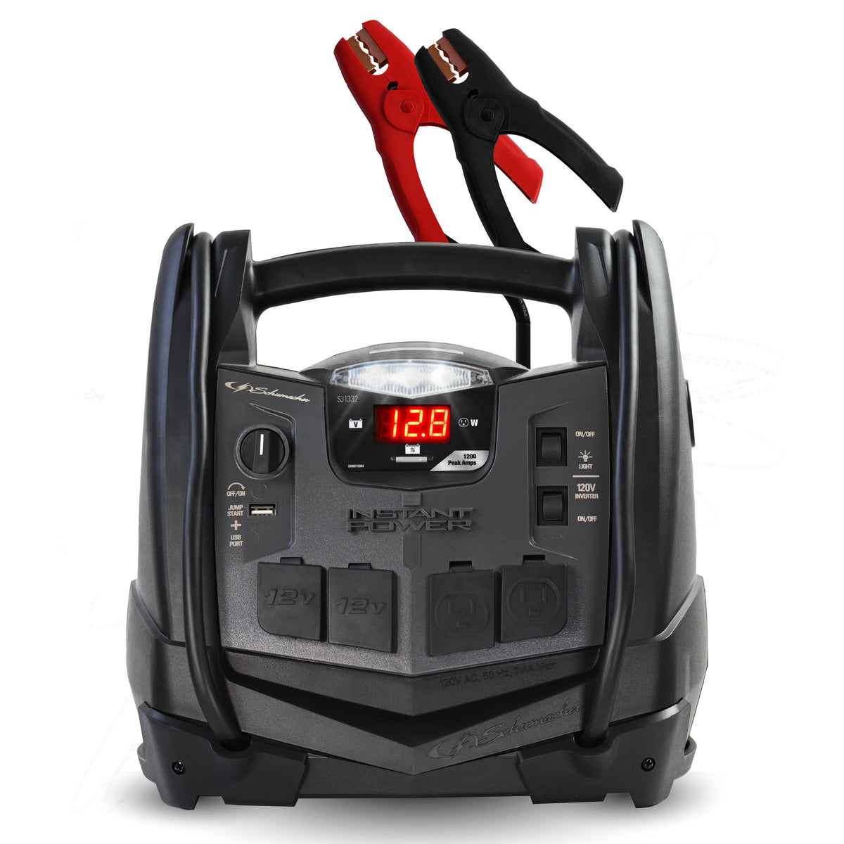 Schumacher Rechargeable AGM Jump Starter for Gas and Diesel Vehicles– 1200 Amps with Air Compressor and USB Power Station