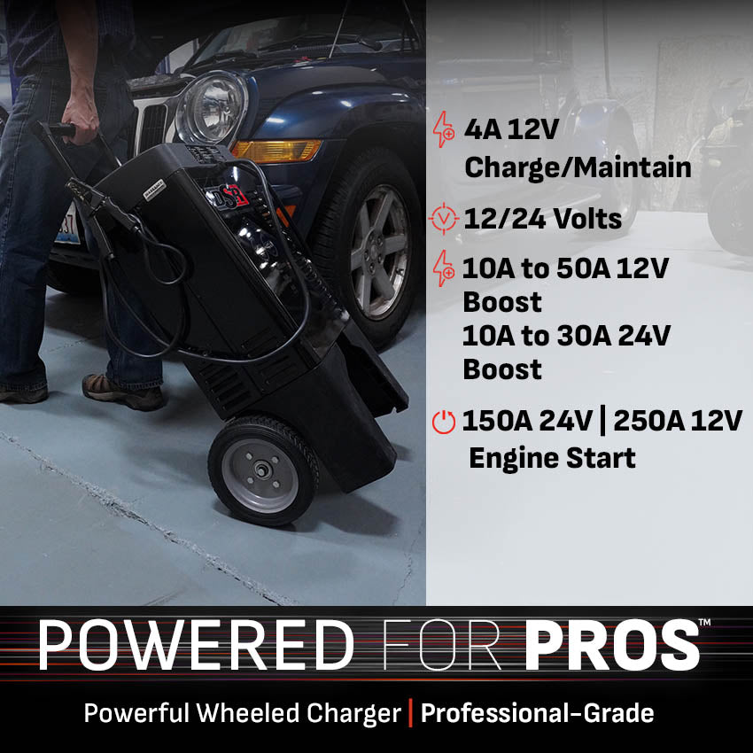 Schumacher Electric Wheeled Automatic 15A Car Battery Charger and 250A Engine Starter, DSR Professional Grade, Maintainer, 50A Boost, For 12V/24V Automotive and Marine Batteries, DSR123