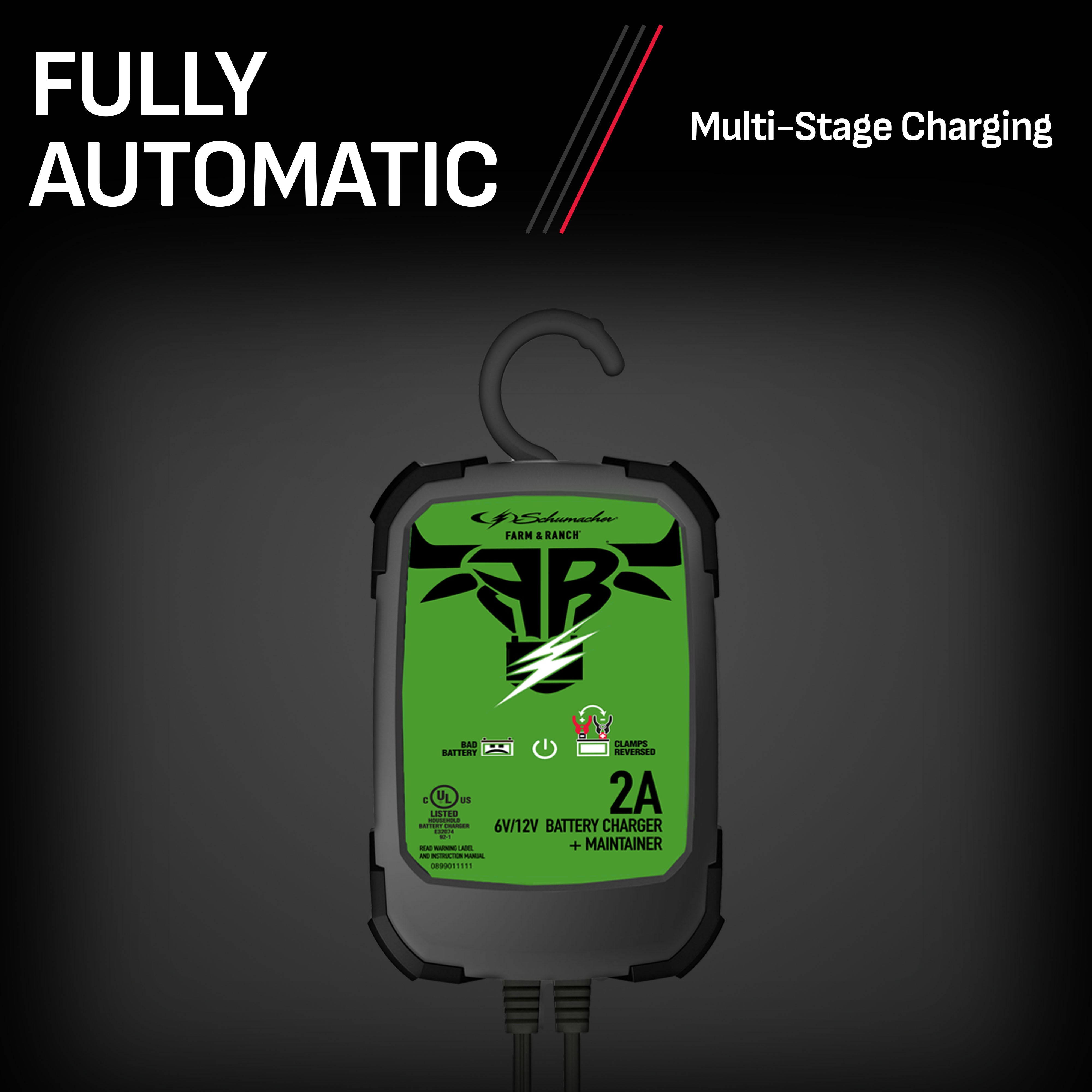 Schumacher Electric Farm & Ranch 2A Car Battery Charger and Maintainer, 3-in-1 Solution, For 6V/12V Power Sport, Automotive, and Marine Batteries, FR01536