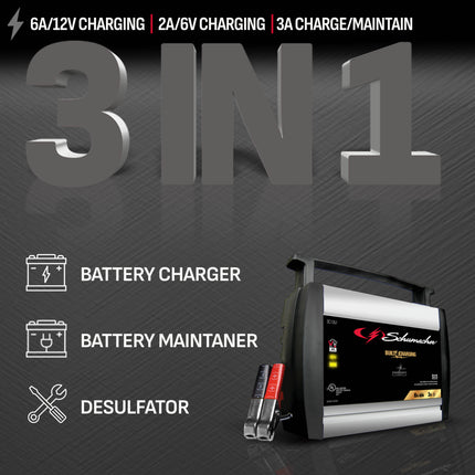 Schumacher Electric 6A Car Battery Charger and Maintainer, 3-in-1 Solution, For 6V/12V Power Sport, Automotive, and Marine Batteries, SC1357