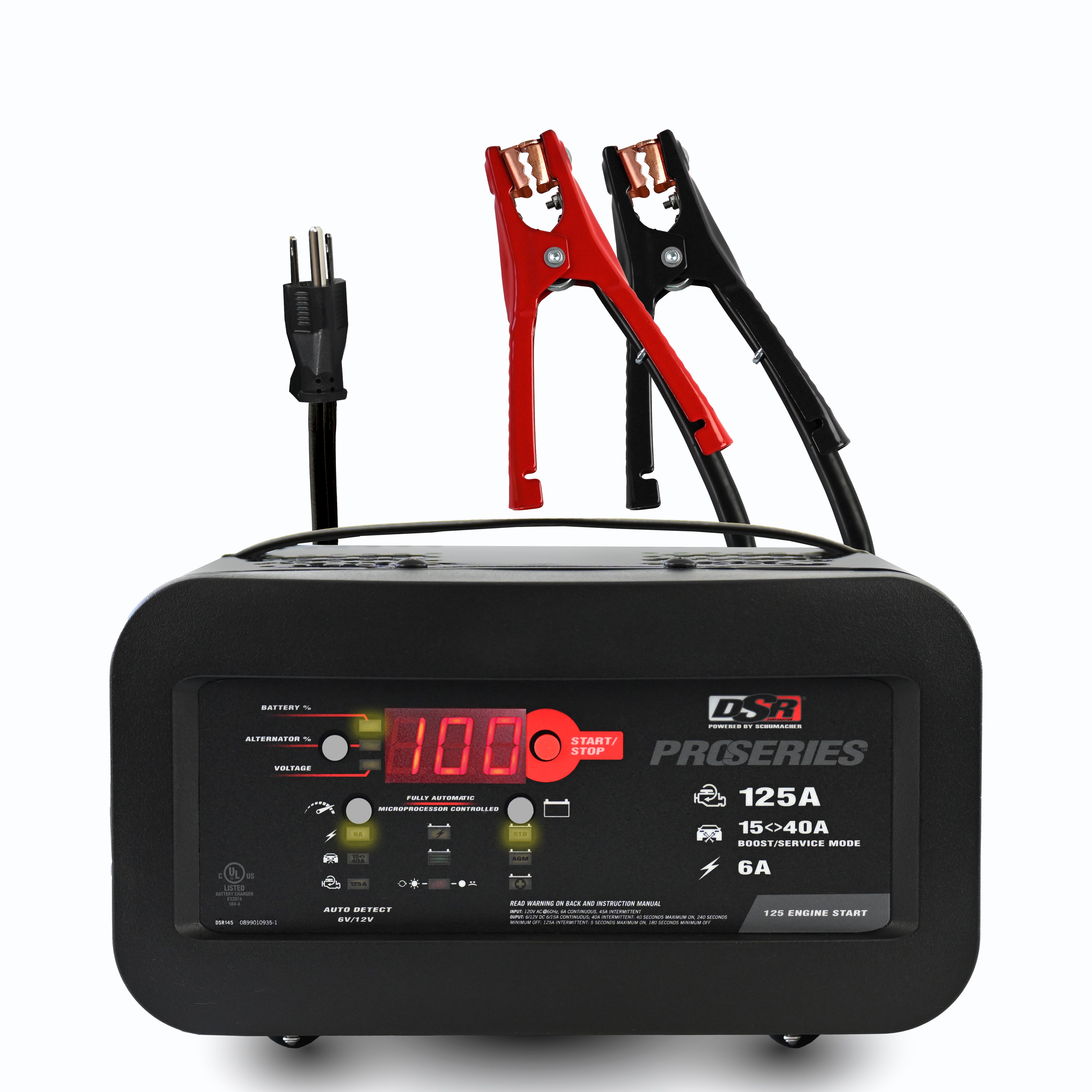 Schumacher Electric 6A Car Battery Charger and 125A Engine Starter, Maintainer, 40A Boost, Service Mode, DSR Professional Grade, For 6V/12V Automotive and Marine Batteries, DSR145