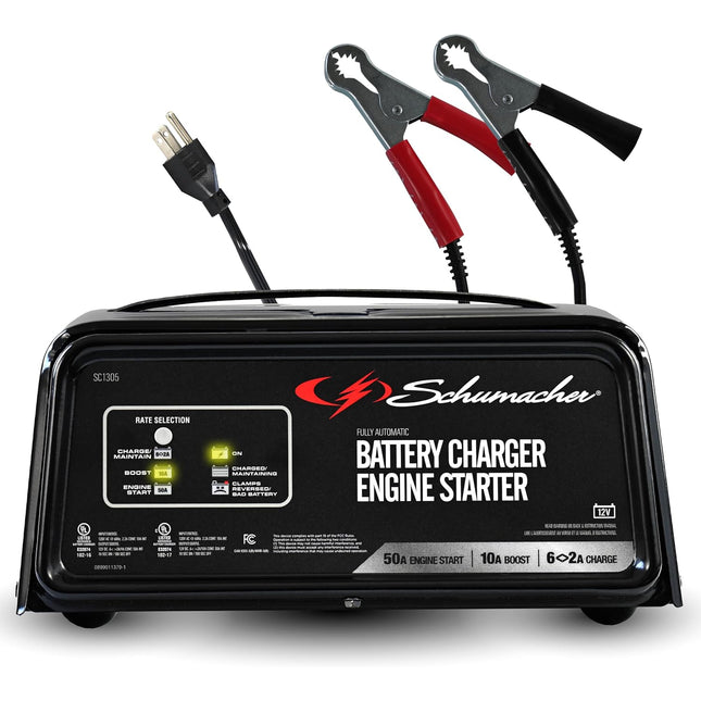 Schumacher Electric 6A Car Battery Charger and 50A Engine Starter, 3-in-1 Solution, Maintainer, 10A Boost, For 12V Power Sport, Automotive, and Marine Batteries, SC1305
