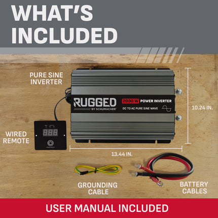 Schumacher Electric RUGGED 2000W Pure Sine Wave DC-to-AC Power Inverter, 3 AC Outlets, USB-A Port, Remote Control, GFCI, Off-Grid Power, Use with 12V Solar, RVs, Trucks, SI-2000