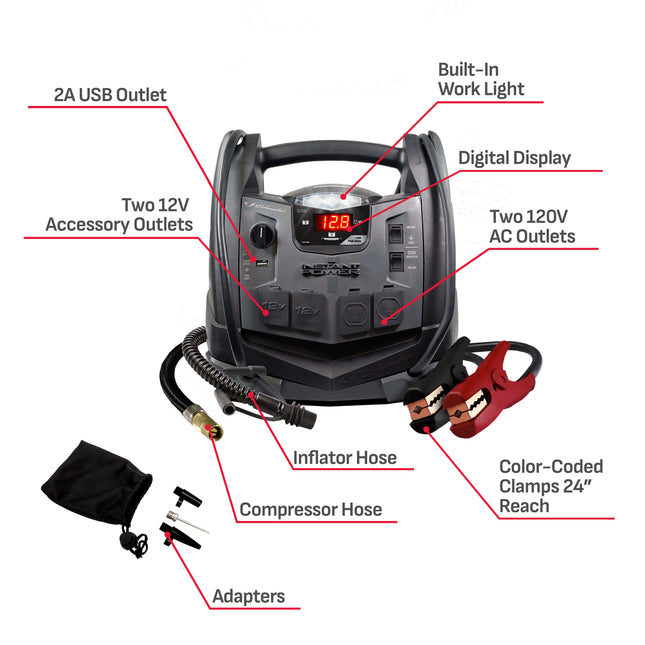 Schumacher Rechargeable AGM Jump Starter for Gas and Diesel Vehicles– 1200 Amps with Air Compressor and USB Power Station