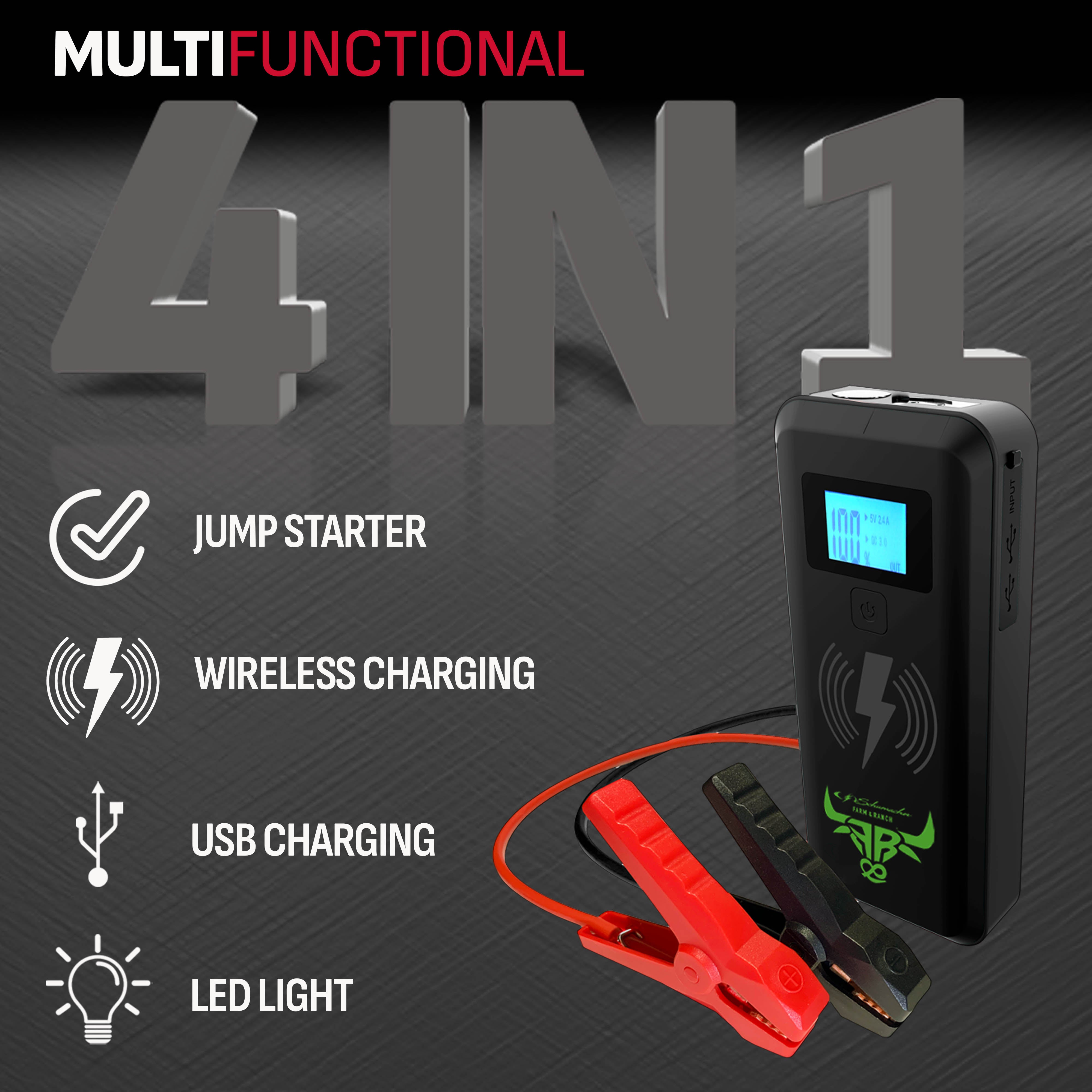 Schumacher Electric Farm & Ranch 2000A Lithium Car Battery Jump Starter and Portable Power Pack/Jump Box, 4-in-1 Solution, 10W Wireless & USB Charging, For 12V Power Sport, Automotive, and Marine Batteries, FR01545