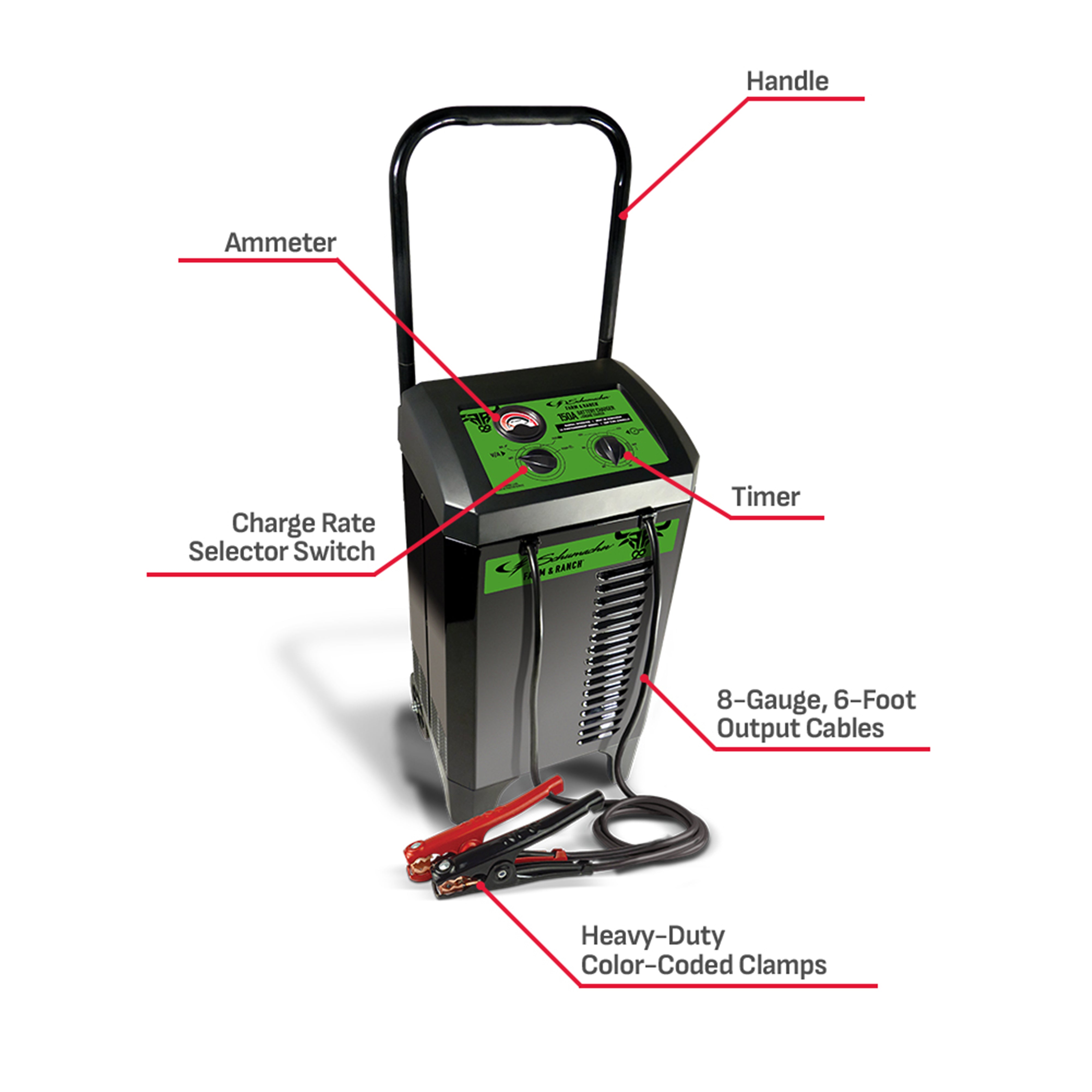 Schumacher Electric Farm & Ranch Wheeled Manual 6A Car Battery Charger and 150A Engine Starter, 2-in-1 Solution, 25A Boost, For 12V Power Sport, Automotive, and Marine Batteries, FR01535