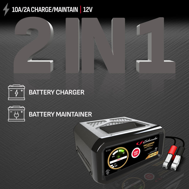 Schumacher Electric 10A Car Battery Charger and Maintainer, 2-in-1 Solution, For 12V Power Sport, Automotive, and Marine Batteries, SC1339L