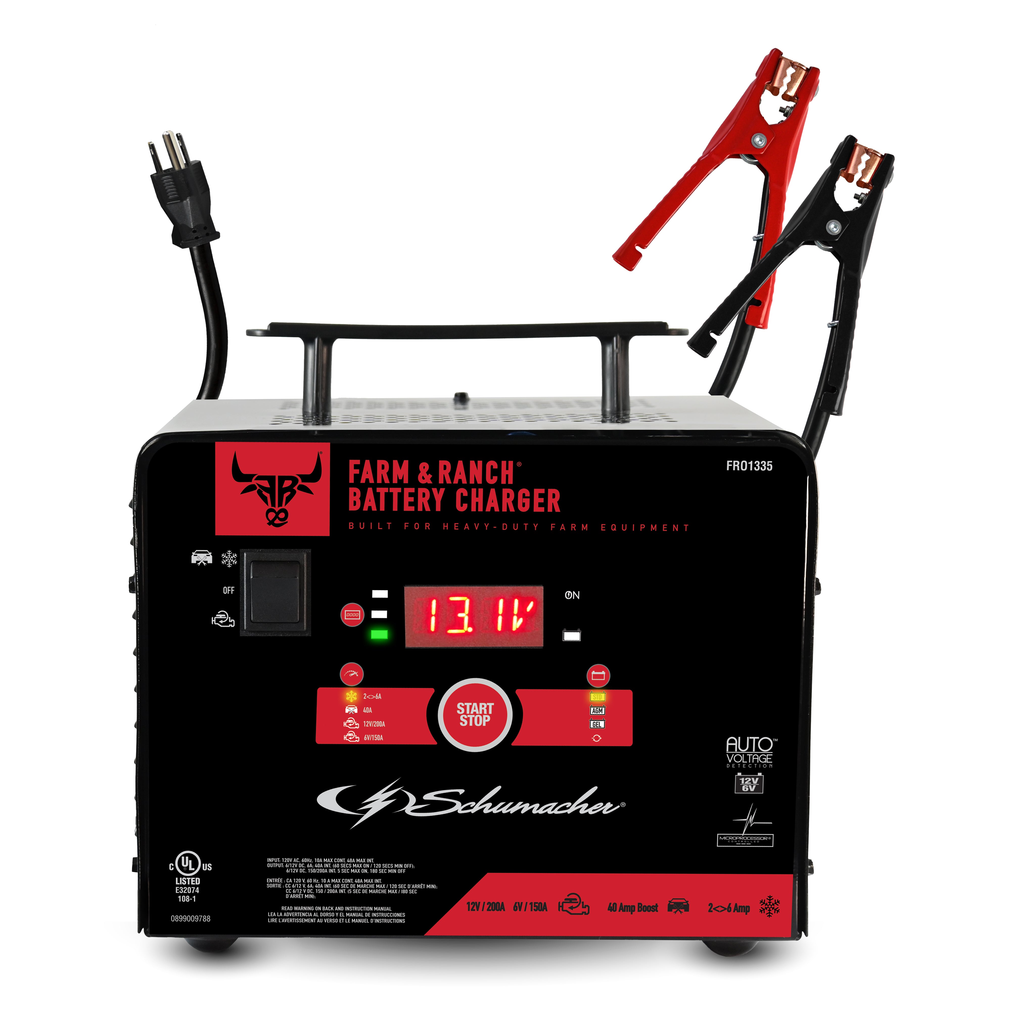 Schumacher Electric Farm & Ranch 6A Car Battery Charger and 200A Engine Starter, 4-in-1 Solution, Maintainer, 40A Boost, For 6V/12V Power Sport, Automotive, and Marine Batteries, FR01335