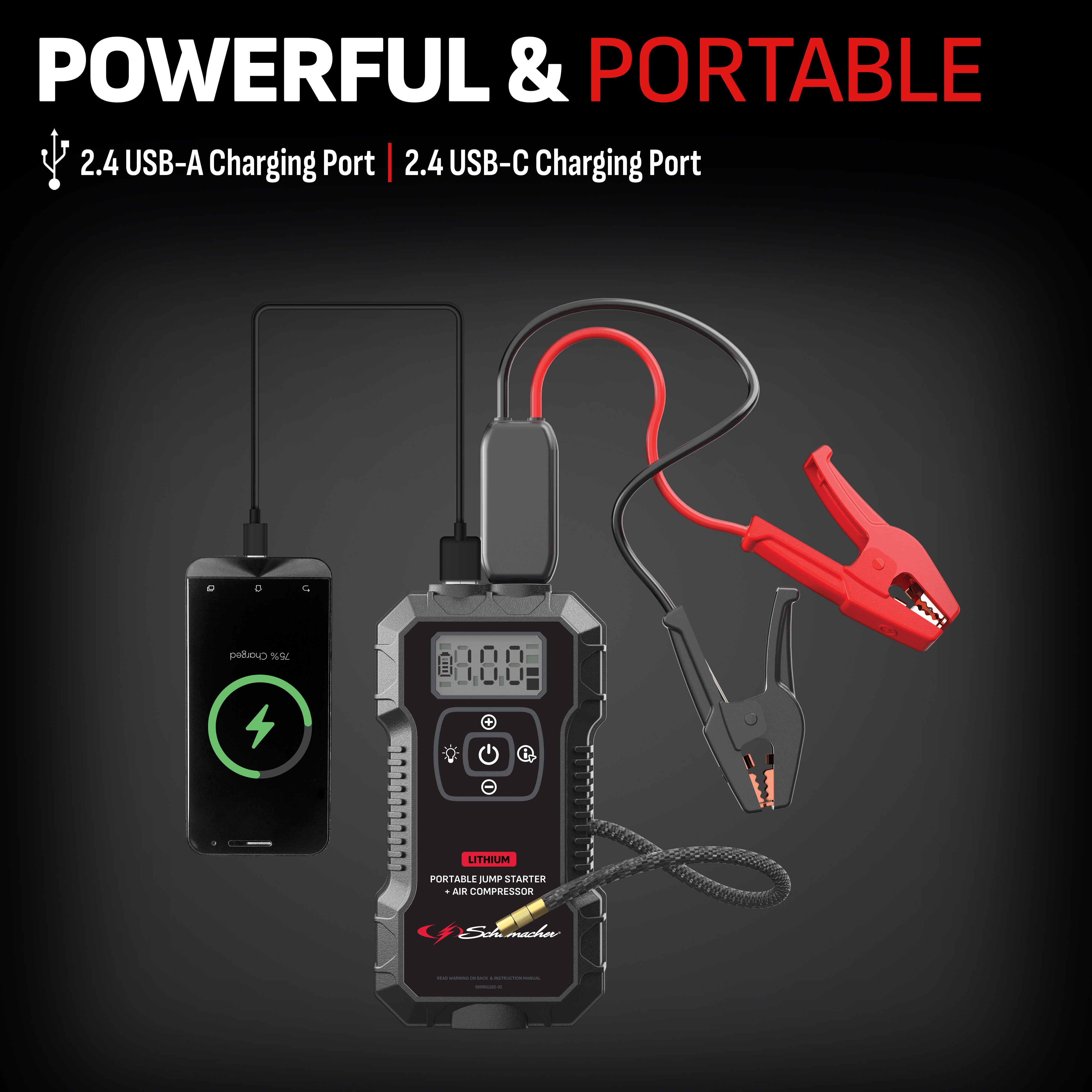 Schumacher Electric 4-in-1 1800A Car Battery Jump Starter and 150-PSI Air Compressor, Portable Power Pack, 2.4A USB Charging, For Power Sport, Automotive, and Marine Batteries, New in Box, SL1686