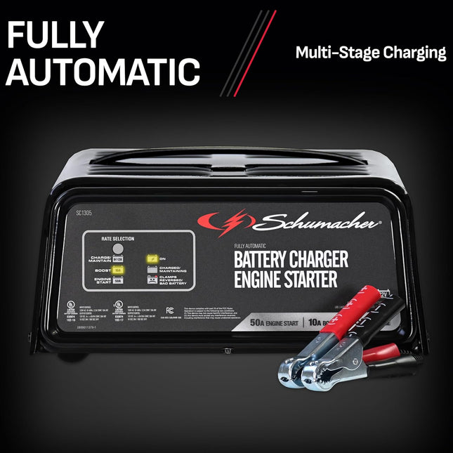 Schumacher Electric 6A Car Battery Charger and 50A Engine Starter, 3-in-1 Solution, Maintainer, 10A Boost, For 12V Power Sport, Automotive, and Marine Batteries, SC1305