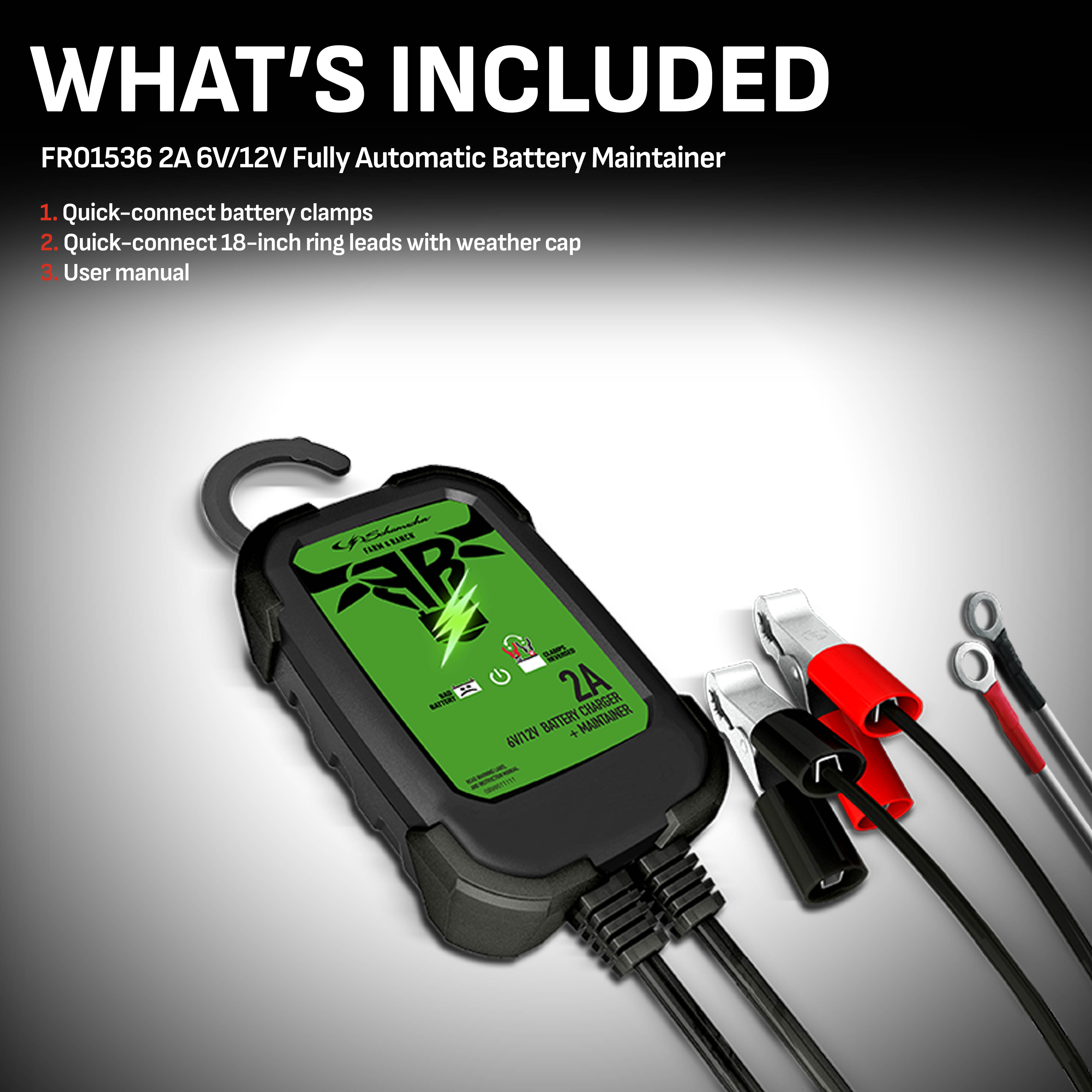 Schumacher Electric Farm & Ranch 2A Car Battery Charger and Maintainer, 3-in-1 Solution, For 6V/12V Power Sport, Automotive, and Marine Batteries, FR01536