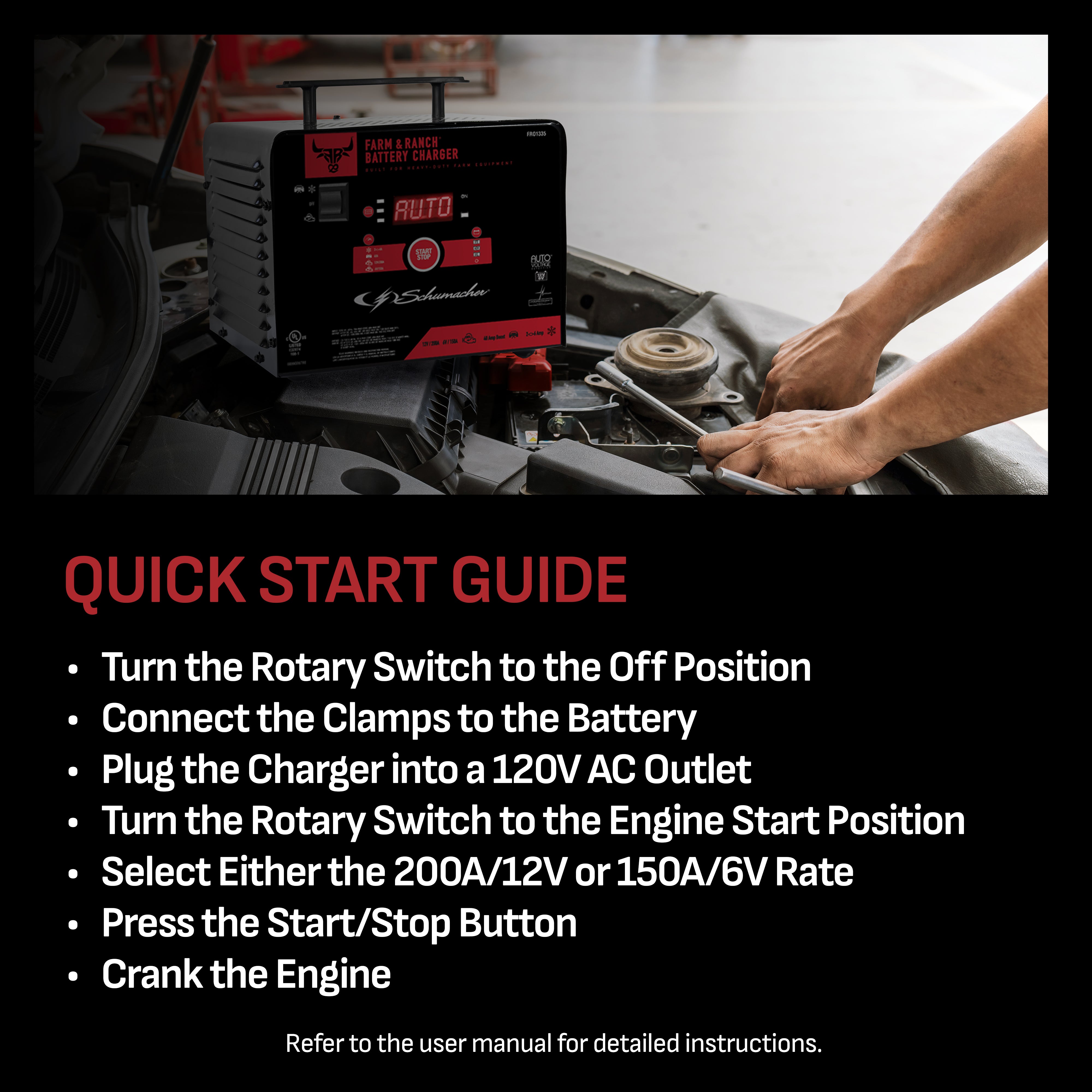 Schumacher Electric Farm & Ranch 6A Car Battery Charger and 200A Engine Starter, 4-in-1 Solution, Maintainer, 40A Boost, For 6V/12V Power Sport, Automotive, and Marine Batteries, FR01335