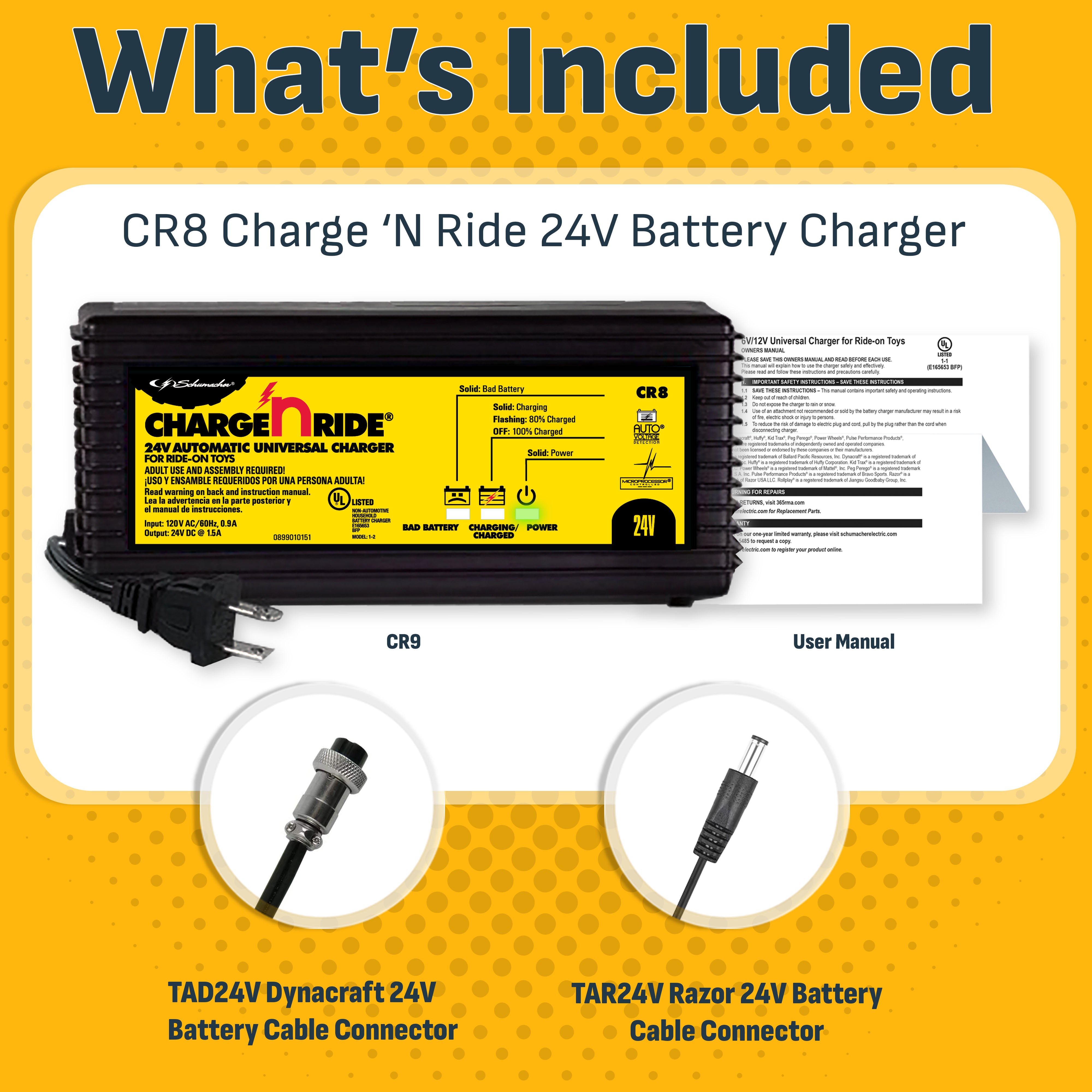 Schumacher Electric CR8 Battery Charger for Ride-On Toys 1.5 Amps, 24V