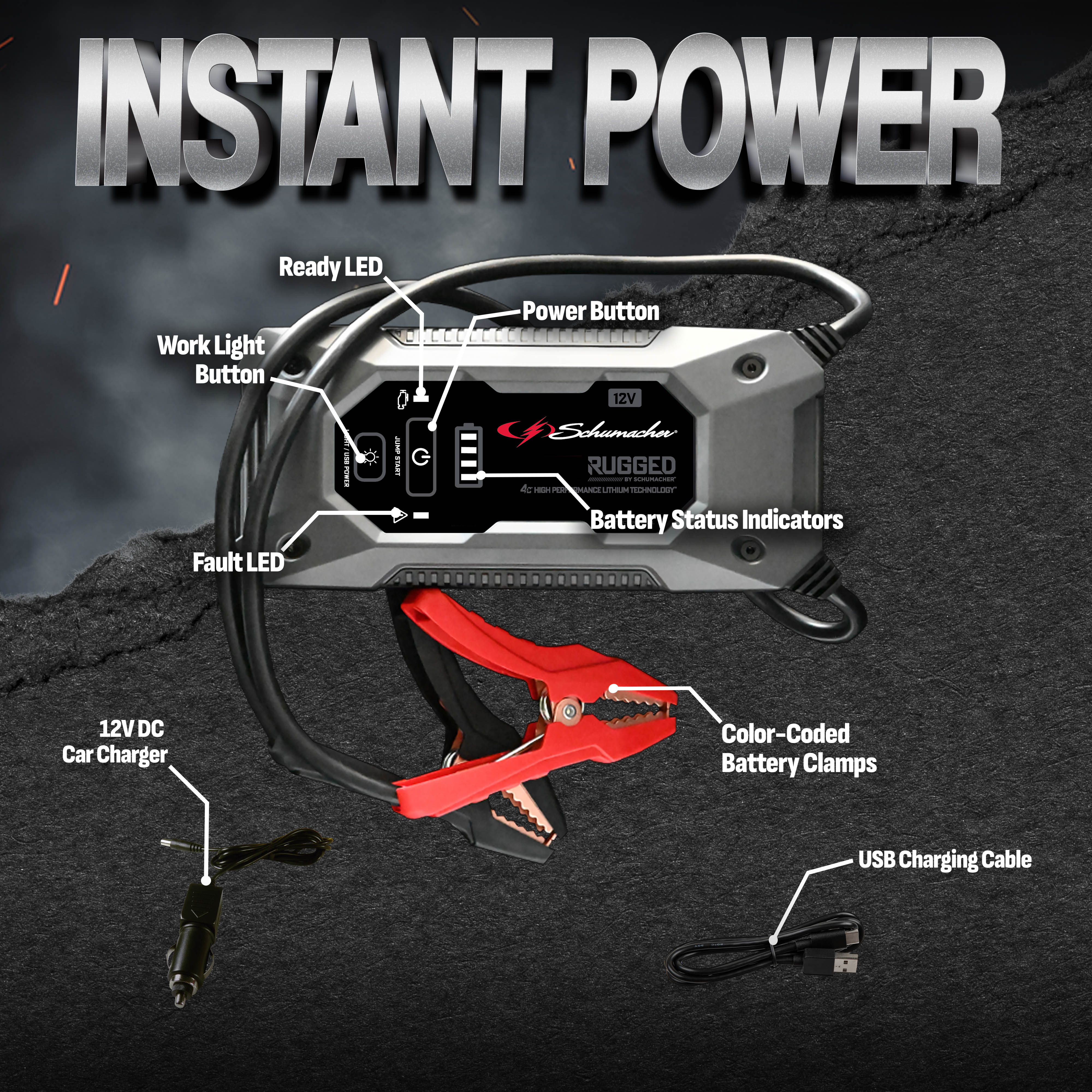 Schumacher 1500A Rugged Jump Starter and Portable Power Pack 12V DC car charger