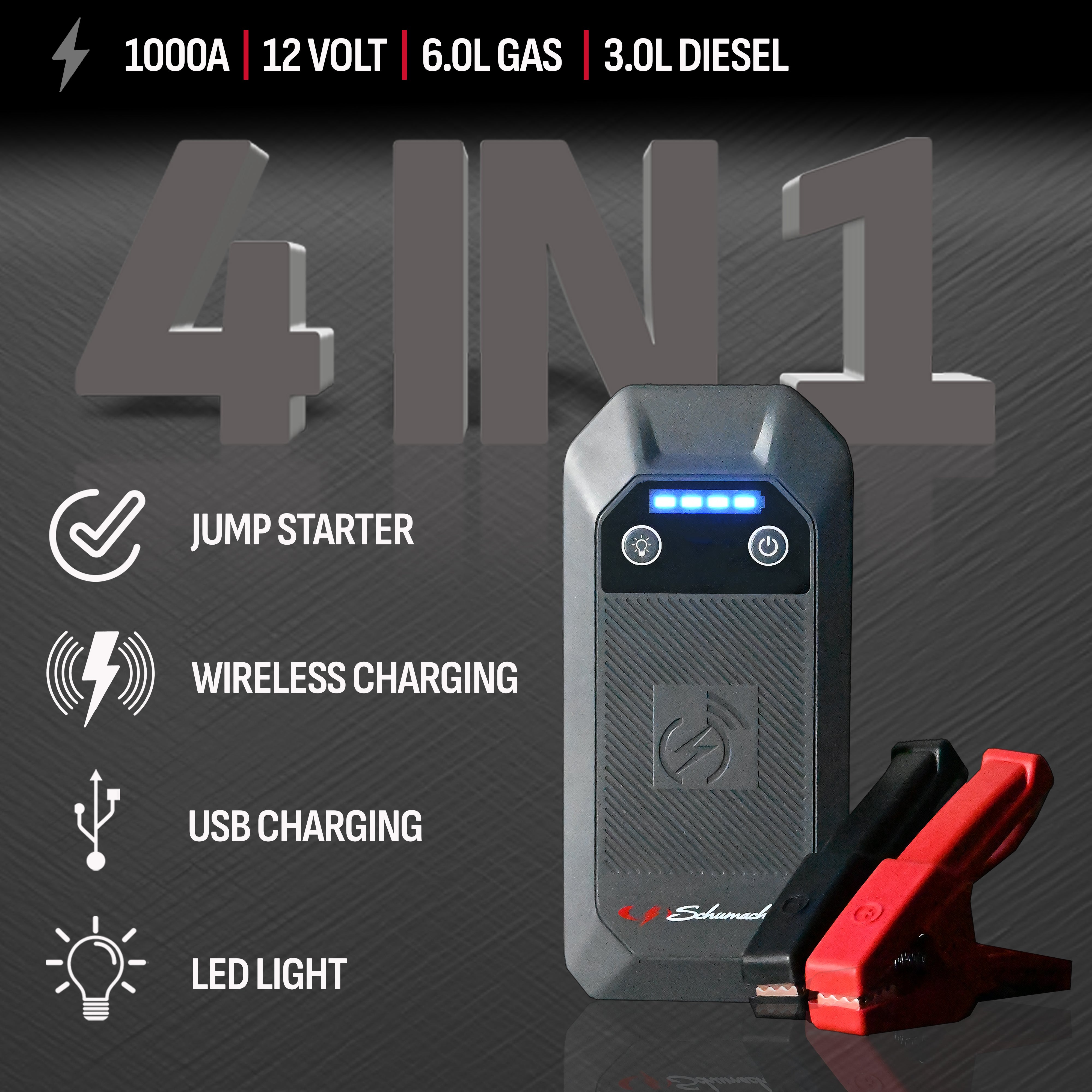 Schumacher Electric 1500A Lithium Car Battery Jump Starter and Portable Power Pack/Jump Box, 4-in-1 Solution, 10W Wireless & USB Charging, For 12V Automotive and Marine Batteries, SL1674