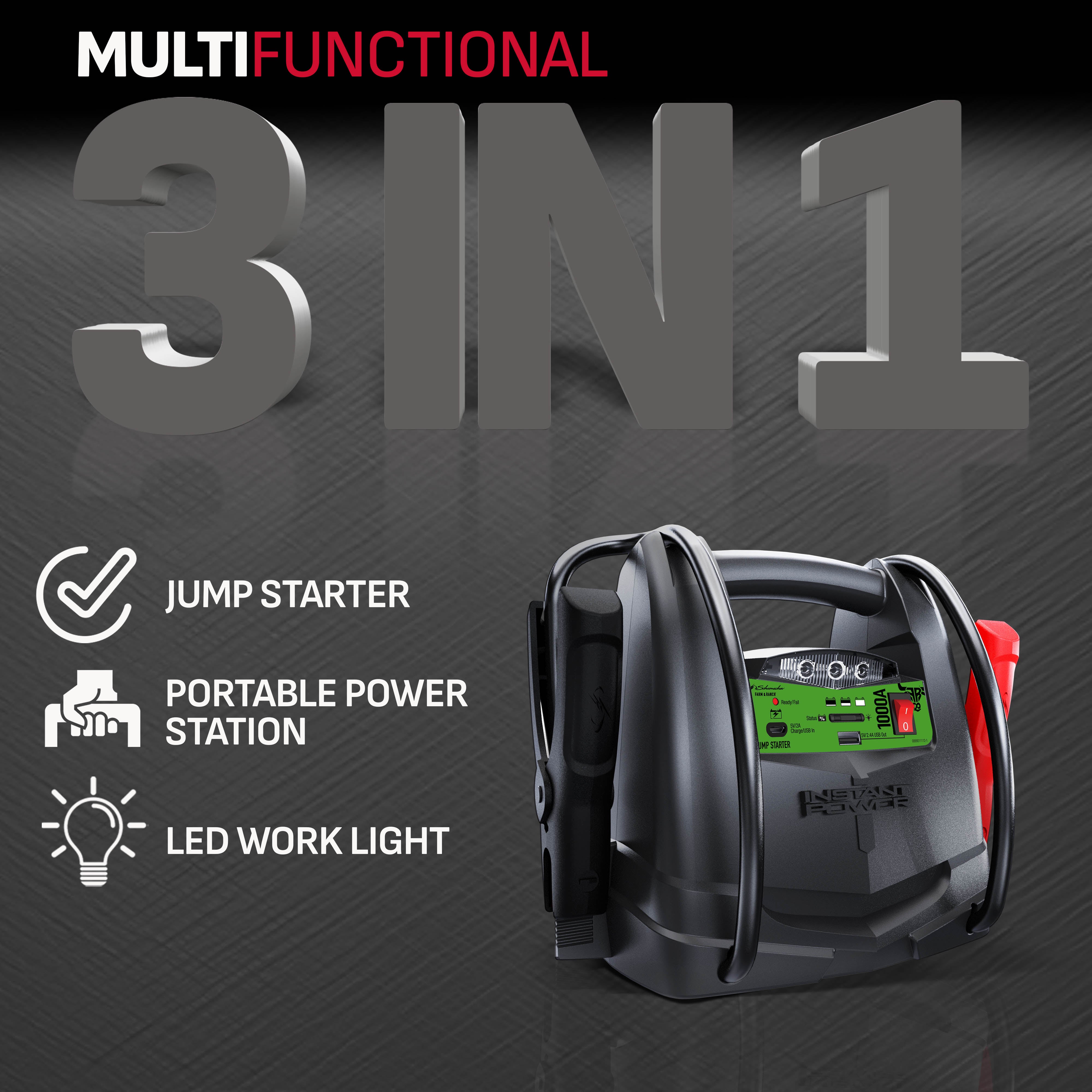 Schumacher Farm and Ranch FR01543 3-in-1 Lithium Portable Power Station, 1000 Peak Amp 12 Volt Jump Starter, and Work Light