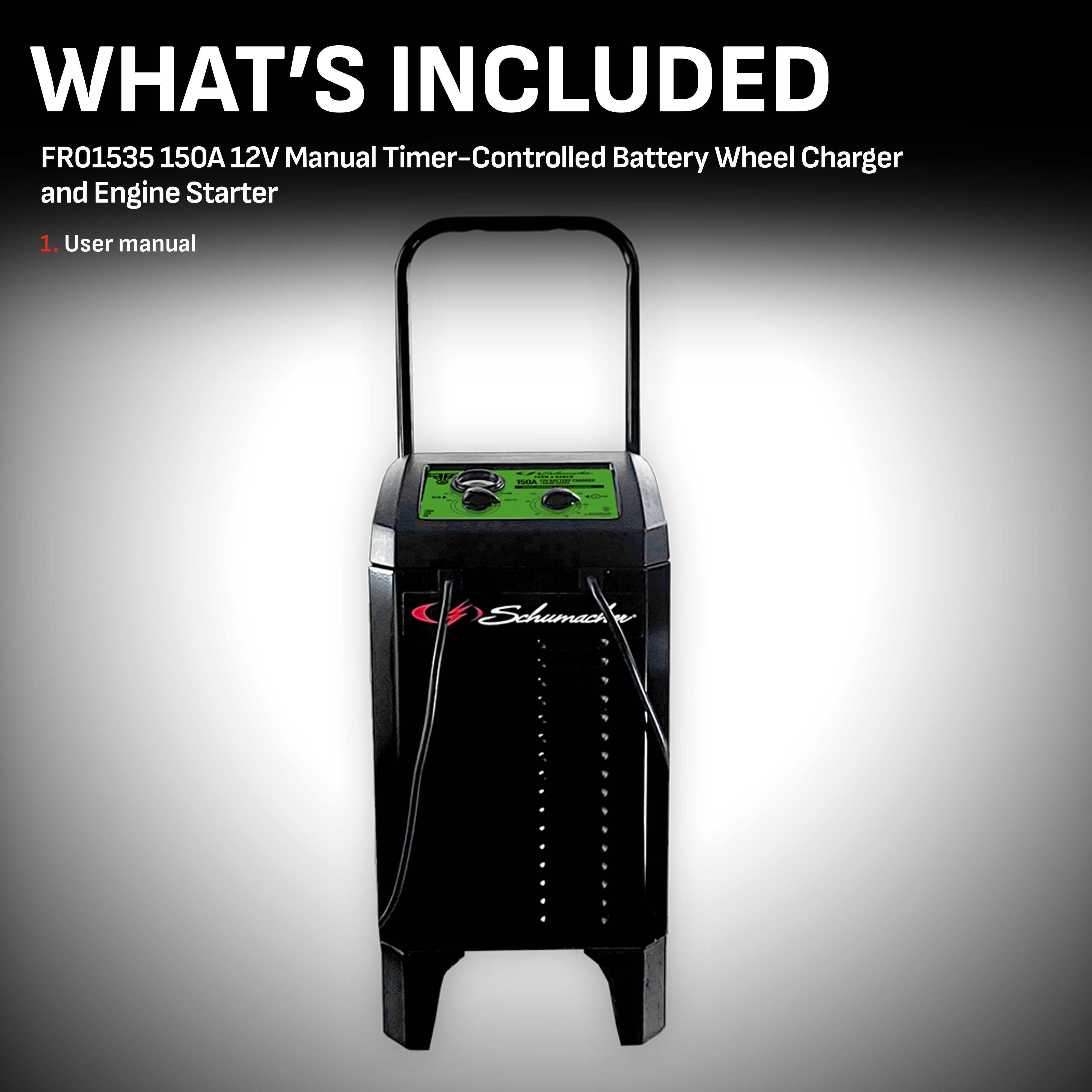 Schumacher Electric Farm & Ranch Wheeled Manual 6A Car Battery Charger and 150A Engine Starter, 2-in-1 Solution, 25A Boost, For 12V Power Sport, Automotive, and Marine Batteries, FR01535