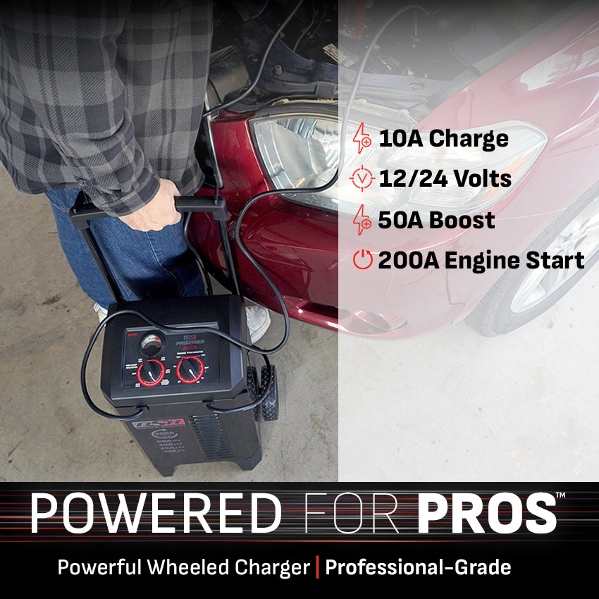 Schumacher Electric Wheeled Manual Timer-Controlled 10A Battery Charger and 200A Engine Starter, 50A Boost, DSR Professional Grade, For 12V/24V Automotive and Marine Batteries, DSR140