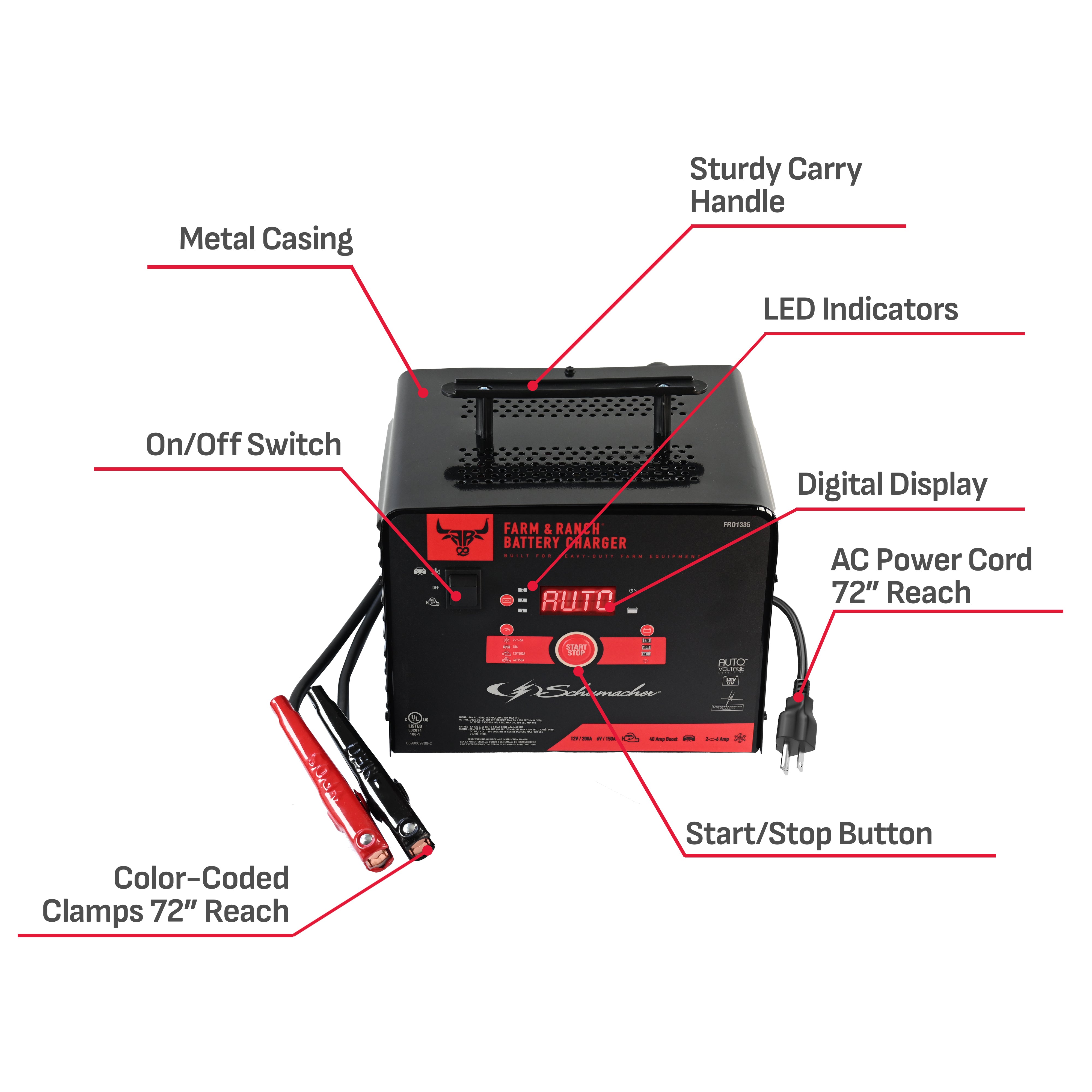 Schumacher Electric Farm & Ranch 6A Car Battery Charger and 200A Engine Starter, 4-in-1 Solution, Maintainer, 40A Boost, For 6V/12V Power Sport, Automotive, and Marine Batteries, FR01335