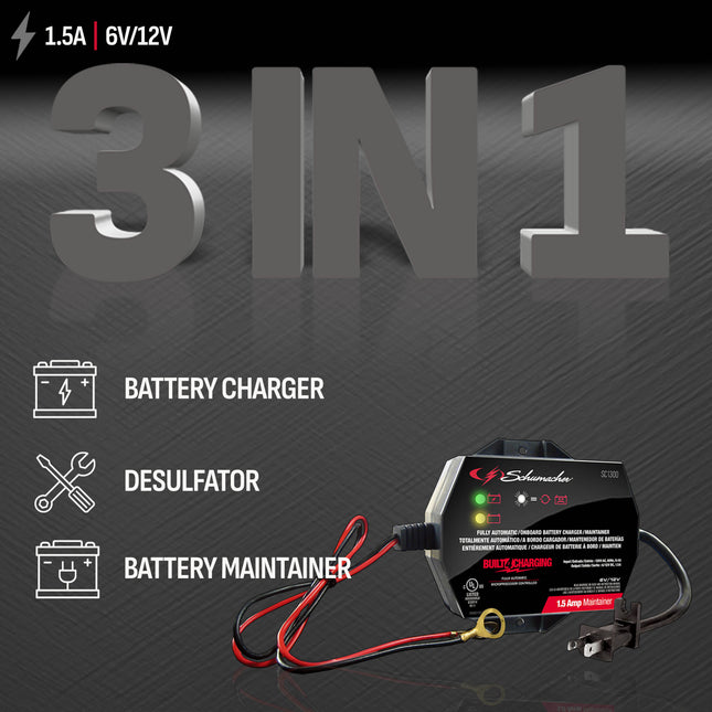 Schumacher Electric 1.5A Car Battery Charger and Maintainer, 3-in-1 Solution, For 6V/12V Power Sport, Automotive, and Marine Batteries, SC1300