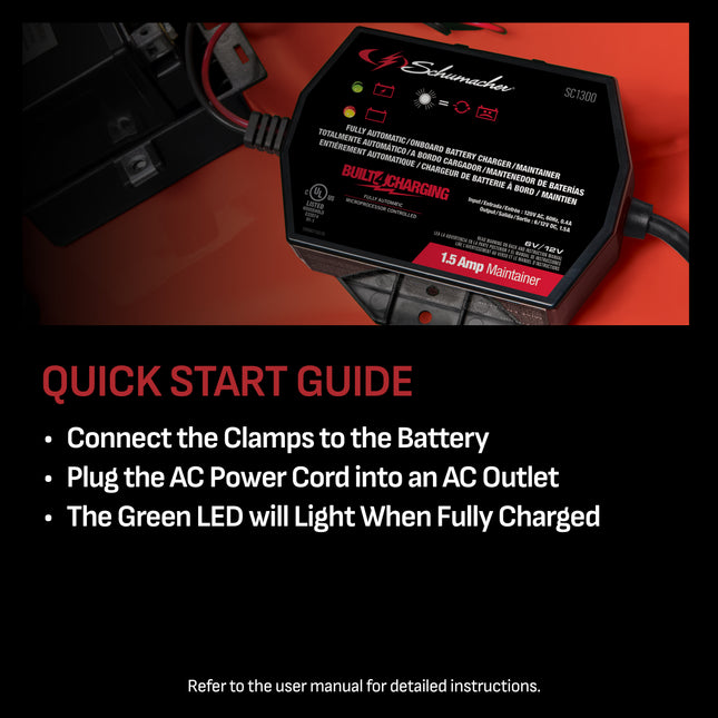 Schumacher Electric 1.5A Car Battery Charger and Maintainer, 3-in-1 Solution, For 6V/12V Power Sport, Automotive, and Marine Batteries, SC1300