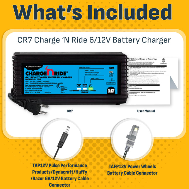 Schumacher Electric Charge ‘n Ride Universal 3A Battery Charger & Maintainer for Ride-On Toys, Works on 6V/12V Pulse Performance, Dynacraft, Huffy, Razor, and Power Wheels, CR7