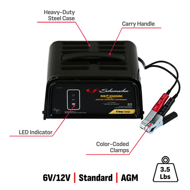 Schumacher Electric 6A Car Battery Charger and Maintainer, 2-in-1 Solution, For 6V/12V Power Sport, Automotive, and Marine Batteries, SC1320L