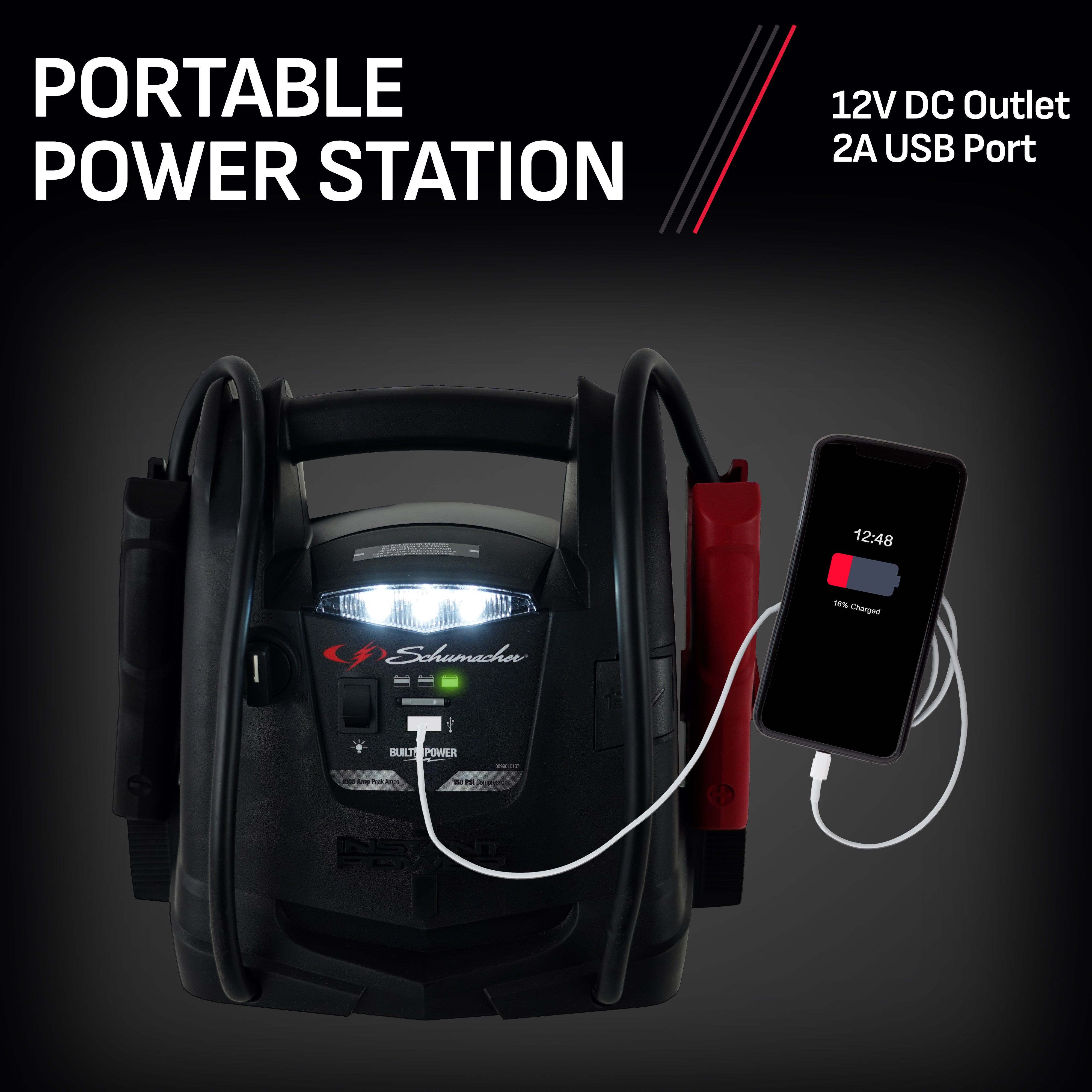 Schumacher Rechargeable AGM Jump Starter for Gas, Diesel Vehicles – 1000 Amps with Air Compressor and 12V DC, USB Power Station