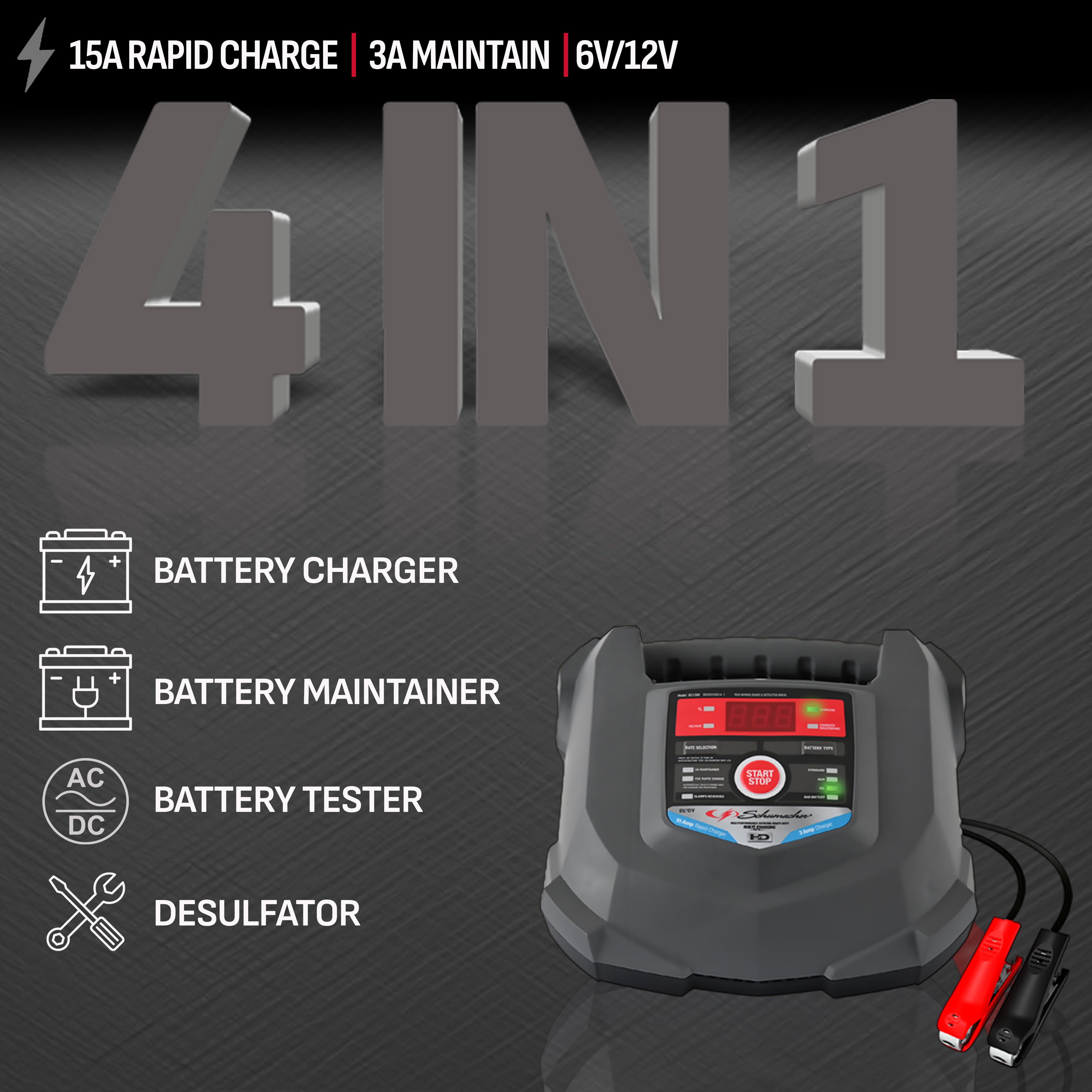Schumacher SC1280 15A 6V/12V Fully Automatic Battery Charger/Maintainer – Auto & Marine - New in Box