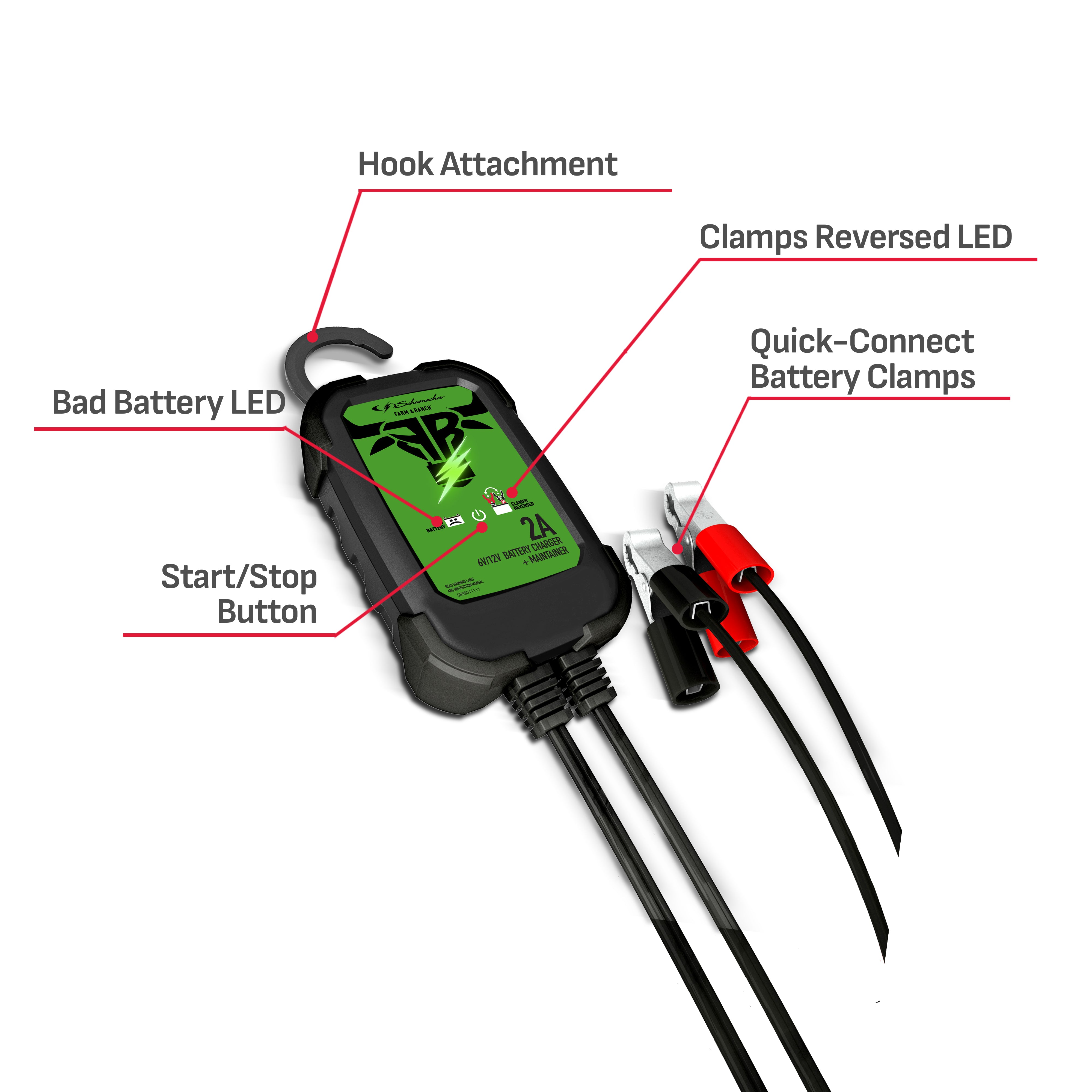 Schumacher Electric Farm & Ranch 2A Car Battery Charger and Maintainer, 3-in-1 Solution, For 6V/12V Power Sport, Automotive, and Marine Batteries, FR01536